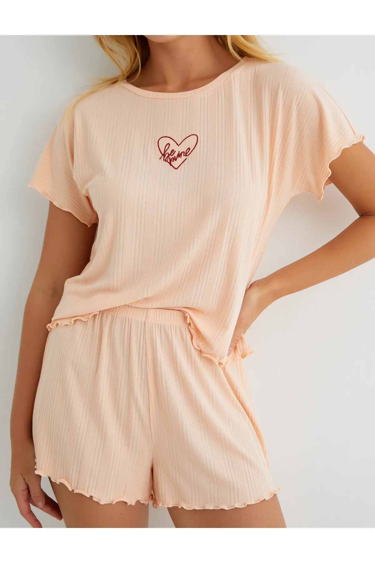 Koton  Pyjama-Set mit Shorts, Modal, Kurzarm, Slogan, bestickt, strukturiert