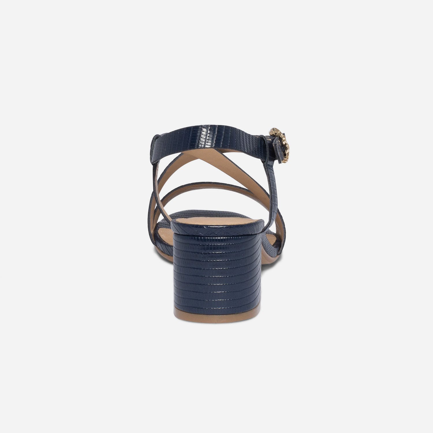 Sandale à talon marine en cuir embossé effet python