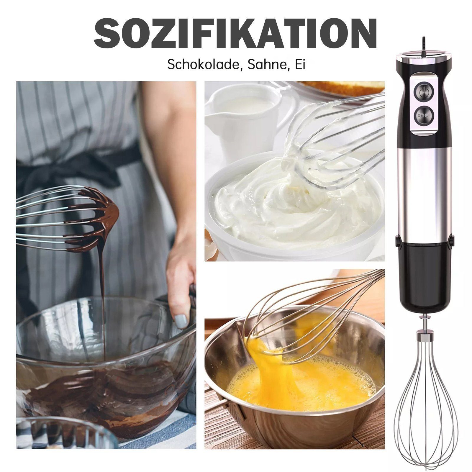 Yaviel Stabmixer Pürierstab Set Elektrische Kabellos 5 in 1 Mixstab Hand Blender Mixer, Edelstahl 1000w Handmixer Zauberstab mit 12 Geschwindigkeitsstufen