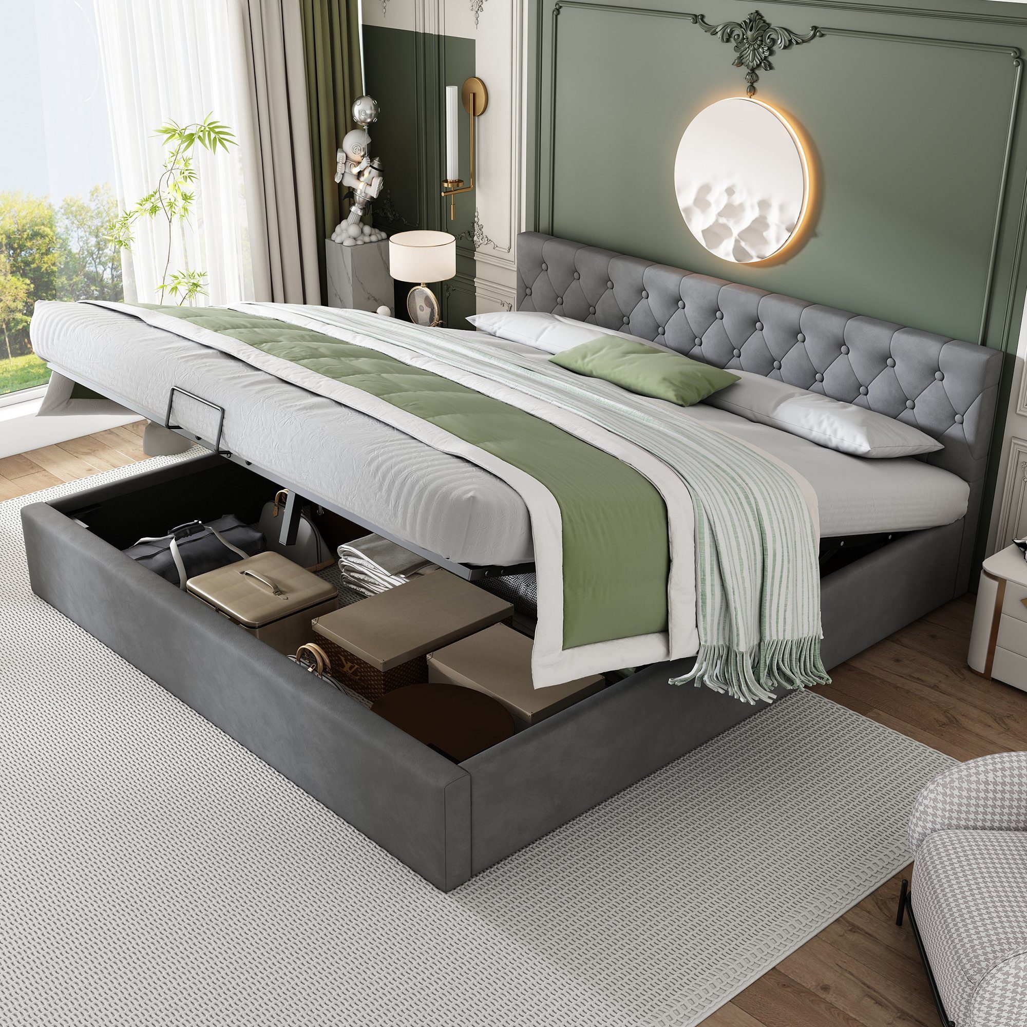Ulife Polsterbett Grau Stauraumbett Samt-Stoff Funktionsbett Doppelbett mit Bettkasten, mit Bettkasten Samt-Stoff, 180 × 200cm