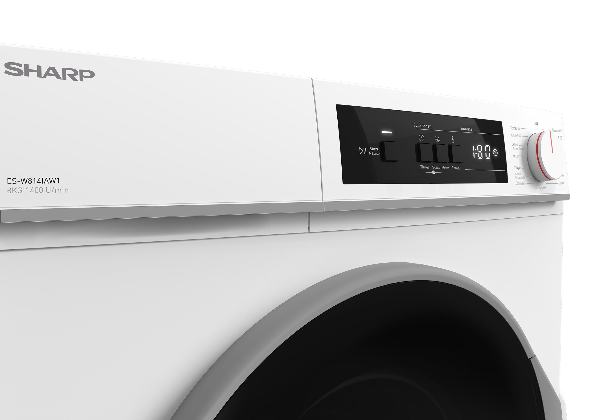 Sharp Waschmaschine ES-W814IAW1-DE, 8 kg, 1400 U/min, Inverter Motor, AquaStop, Überlaufschutz, LED-Diplay, 15 Programme