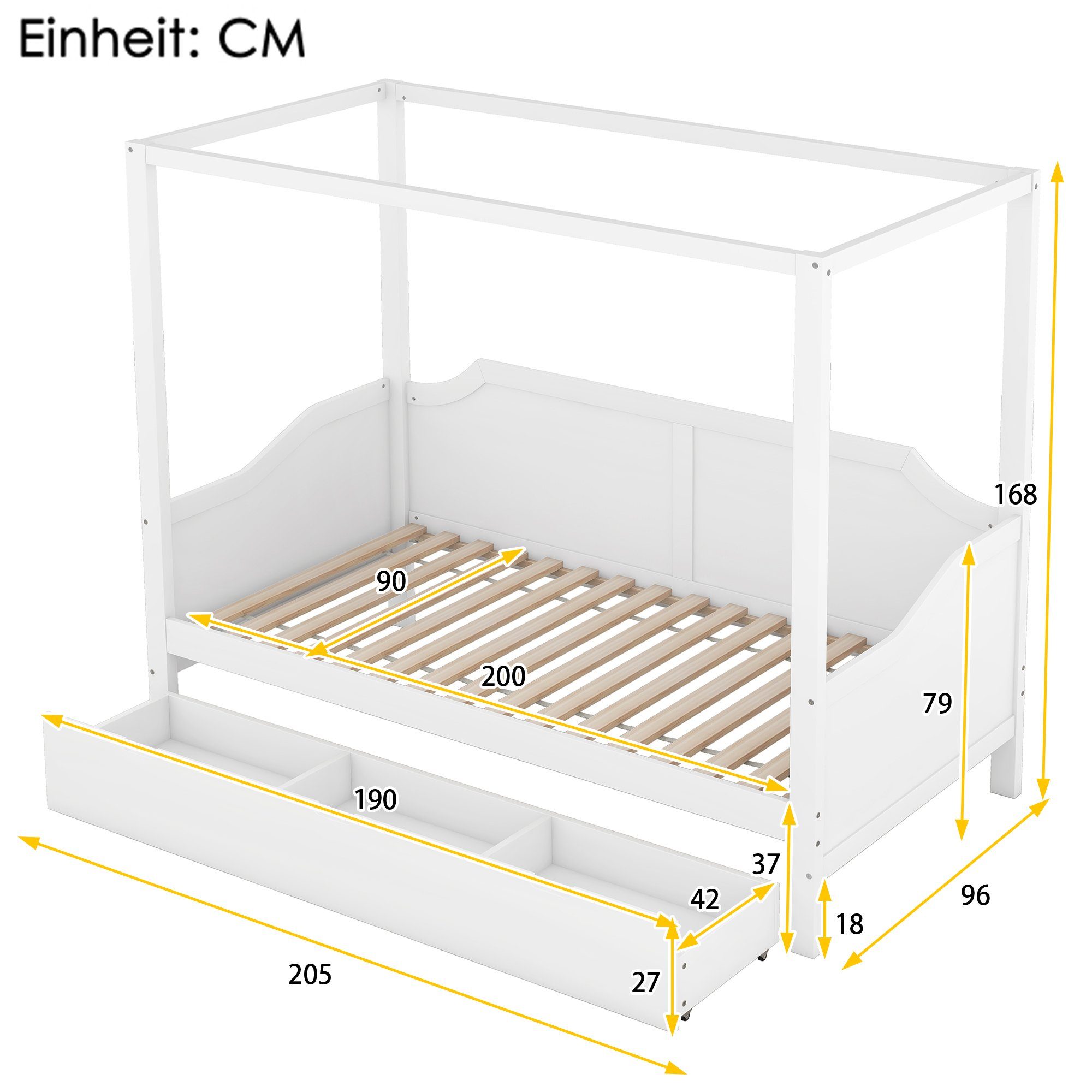 SOFTWEARY Himmelbett Einzelbett mit Lattenrost und Schubladen (90x200 cm), Holzbett aus Kiefer