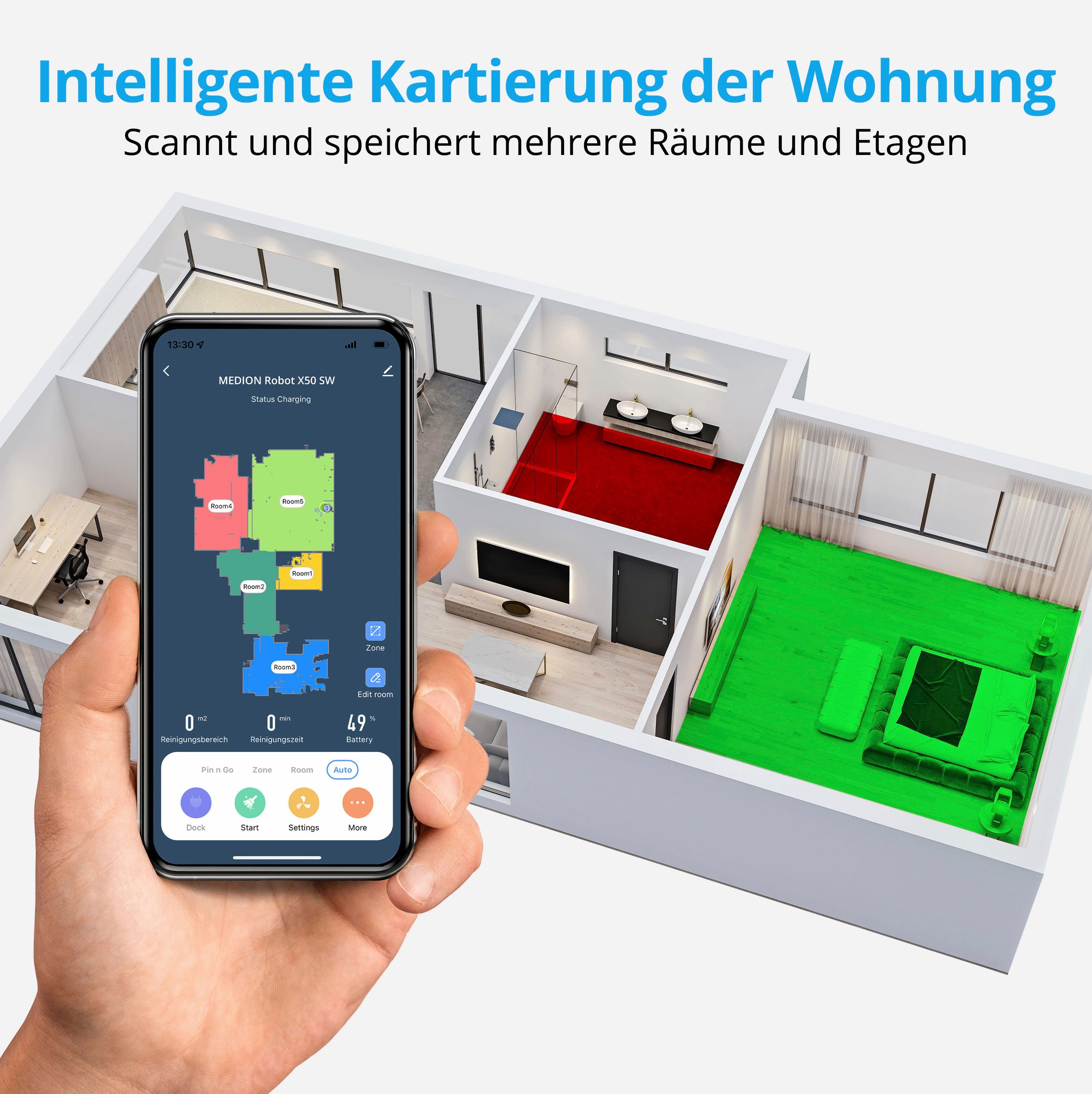 Medion® Saugroboter X50 SW (MD20004), mit Absaugstation, starke 8.000 Pa Saugkraft, No Go & Go Bereiche