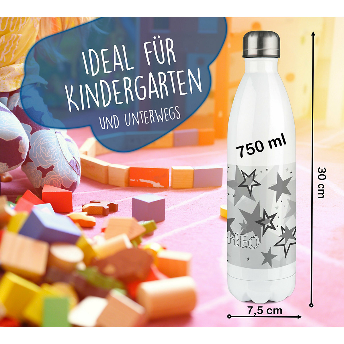 Edelstahl Kinder Thermoflasche / Trinkflasche bunt Sternenhimmel Farbe grau Spülmaschinenfest, Auslaufsicher, Bruchfest, Doppelwandig, Für Heißgetränke geeignet, Mit Deckel, Isoliert