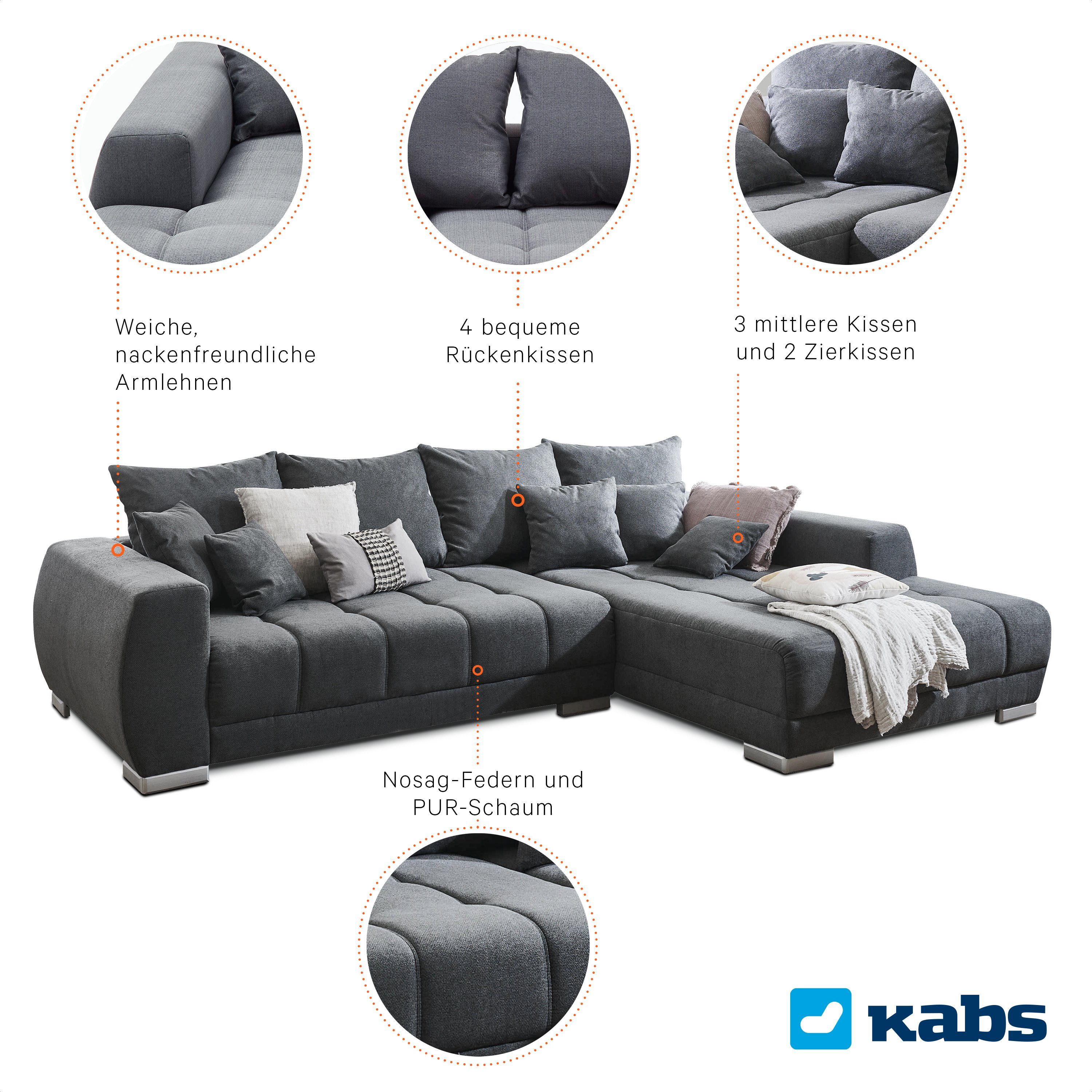 Kabs Polsterwelt Ecksofa Ivy II, Rücken echt, 4 Rückenkissen, 3 mittlere Kissen, Made in Europe