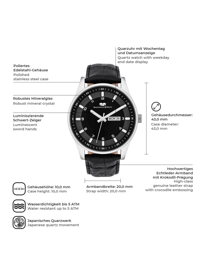 Rhodenwald & Söhne Herren Quarzuhr silber Echtleder schwarz in schwarz günstig kaufen 20 cm