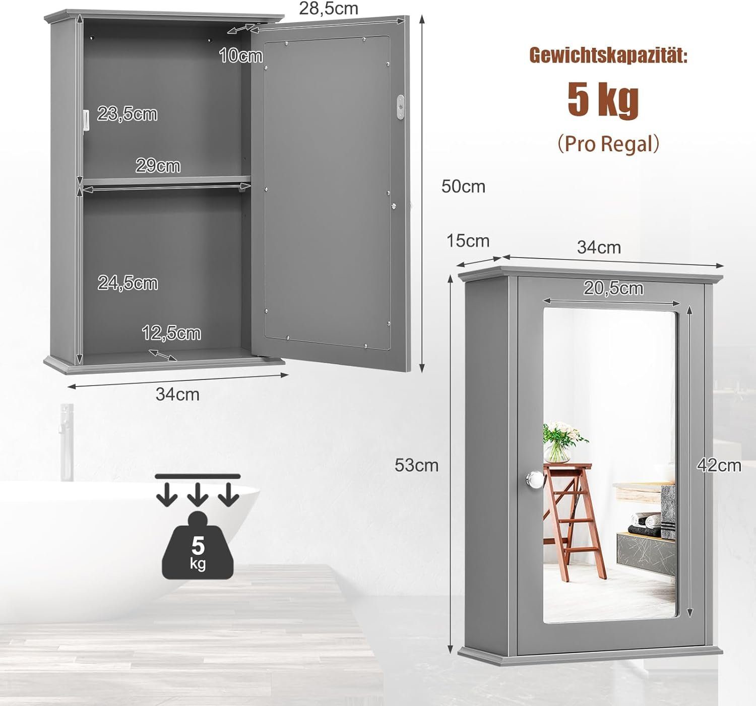 KOMFOTTEU Spiegelschrank mit Verstellbarer Ablage 34 x 15 x 53 cm