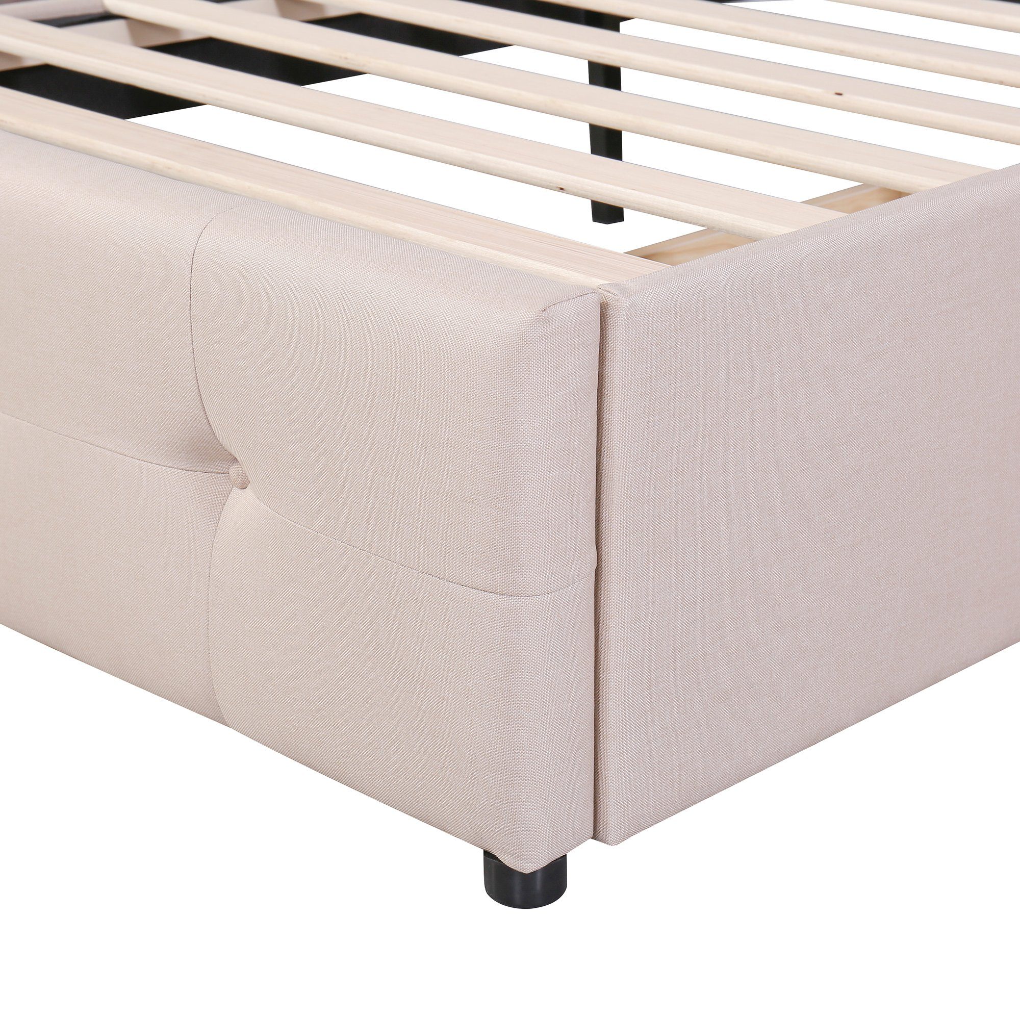 Flieks Polsterbett, LED Beleuchtung Einzelbett 2 Schubladen Leinen 90*200cm