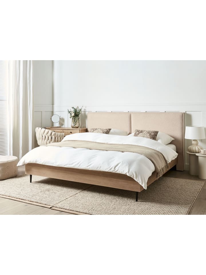 Beliani Doppelbett IZERNORE in Beige/Heller Holzfarbton/Schwarz günstig kaufen onesize