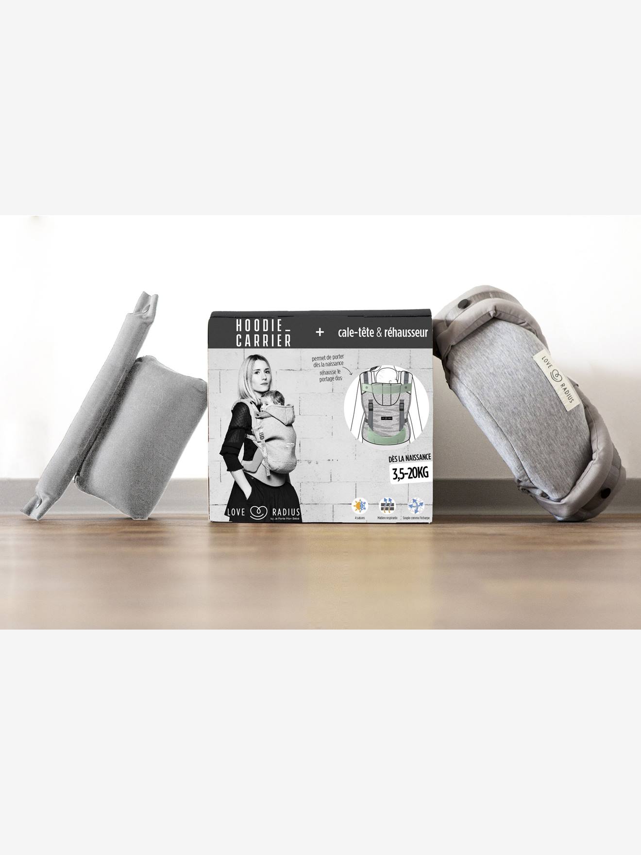 Pack HoodieCarrier + cale-tête et réhausseur LOVE RADIUS gris flanelle