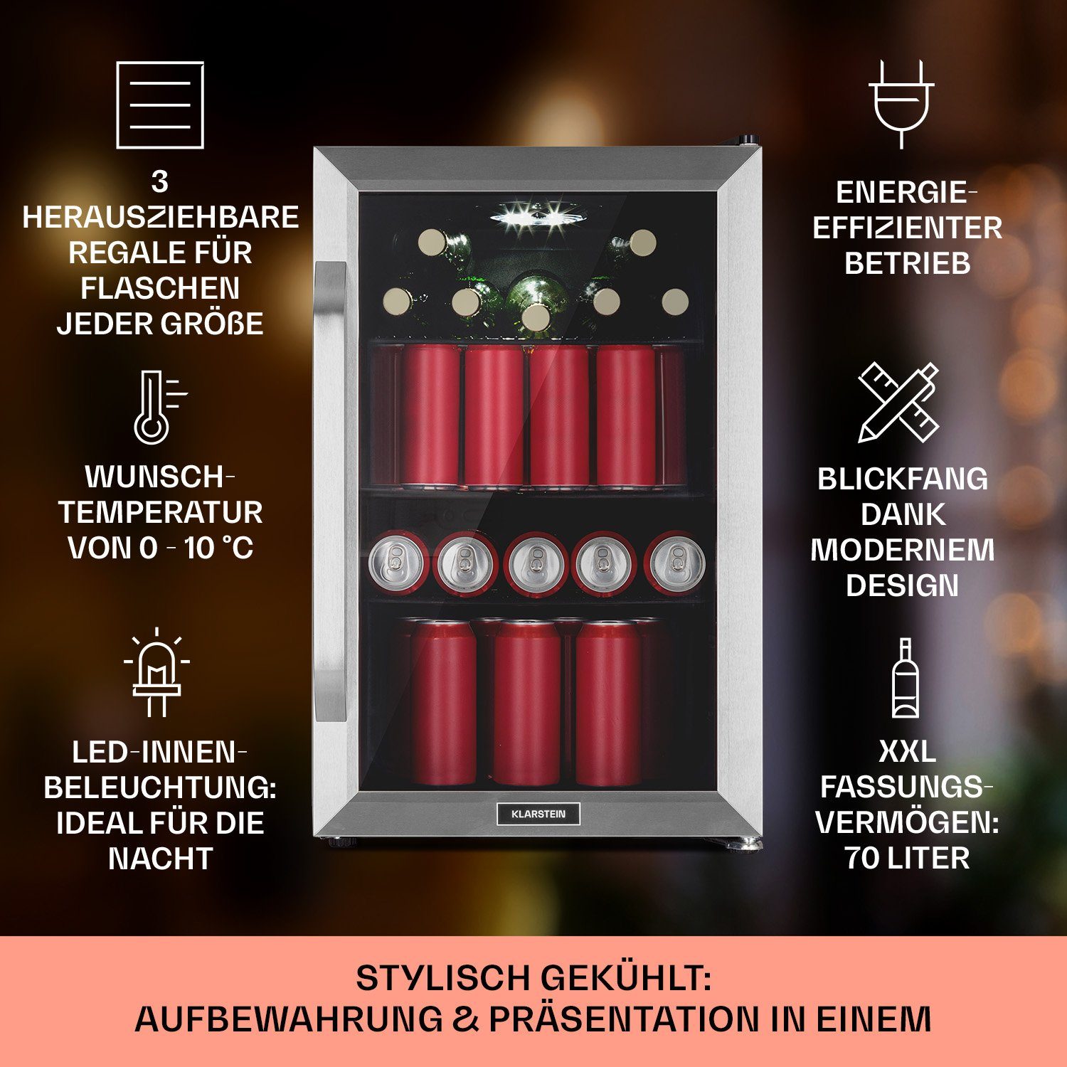 Klarstein Getränkekühlschrank HEA13-Birra -SS 10041177, 67 cm hoch, 43 cm breit, Bierkühlschrank Getränkekühlschrank Flaschenkühlschrank mit Glastür