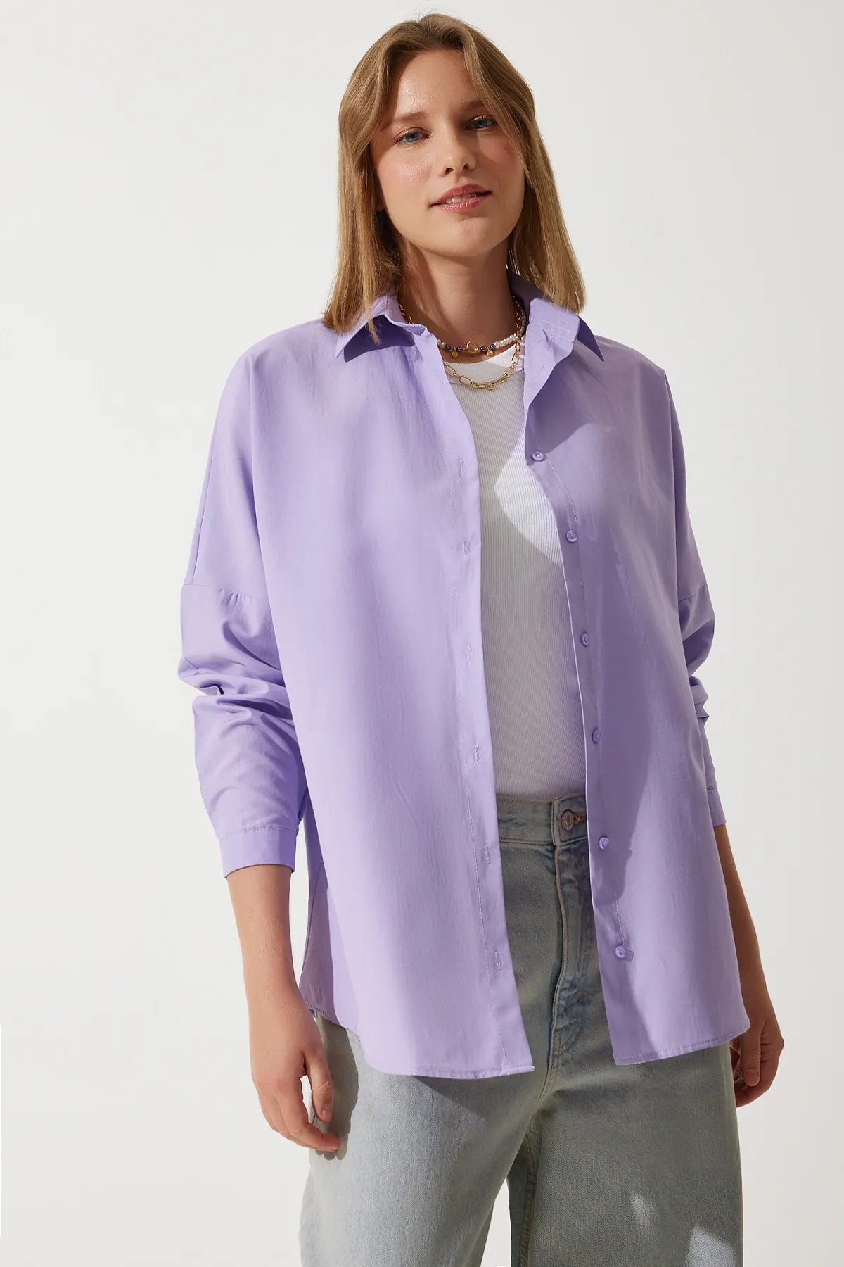 Happiness İstanbul  Lilafarbenes, langes Basic-Shirt für Damen in Übergröße DD00842
