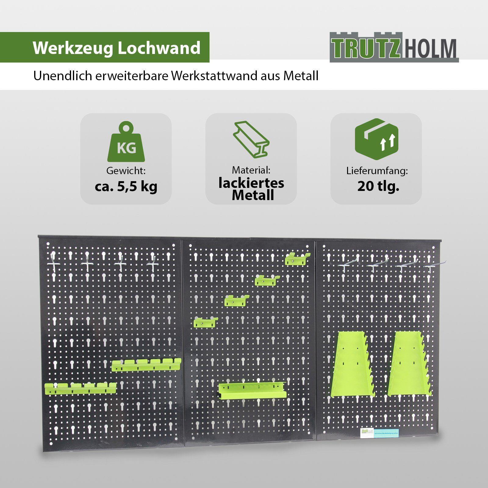 TRUTZHOLM Lochwand Werkzeug Lochwand aus Metall inkl. 17 tlg. Hakenset 120 x 60 cm unendl, (Set)