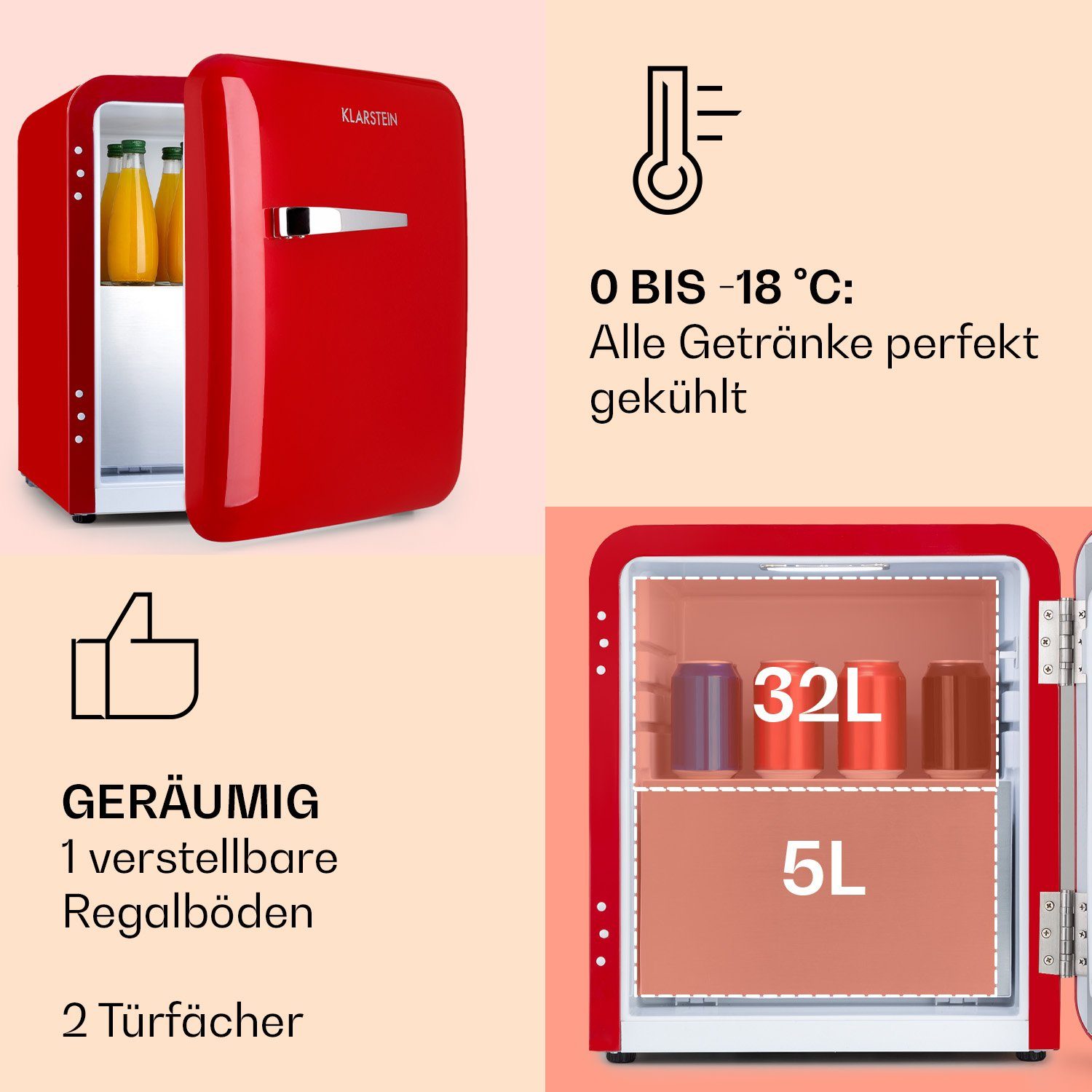 Klarstein Table Top Kühlschrank HEA13-Audrey-rot 10035311A, 50 cm hoch, 44 cm breit, Hausbar Minikühlschrank mit Gefrierfach Getränkekühlschrank klein