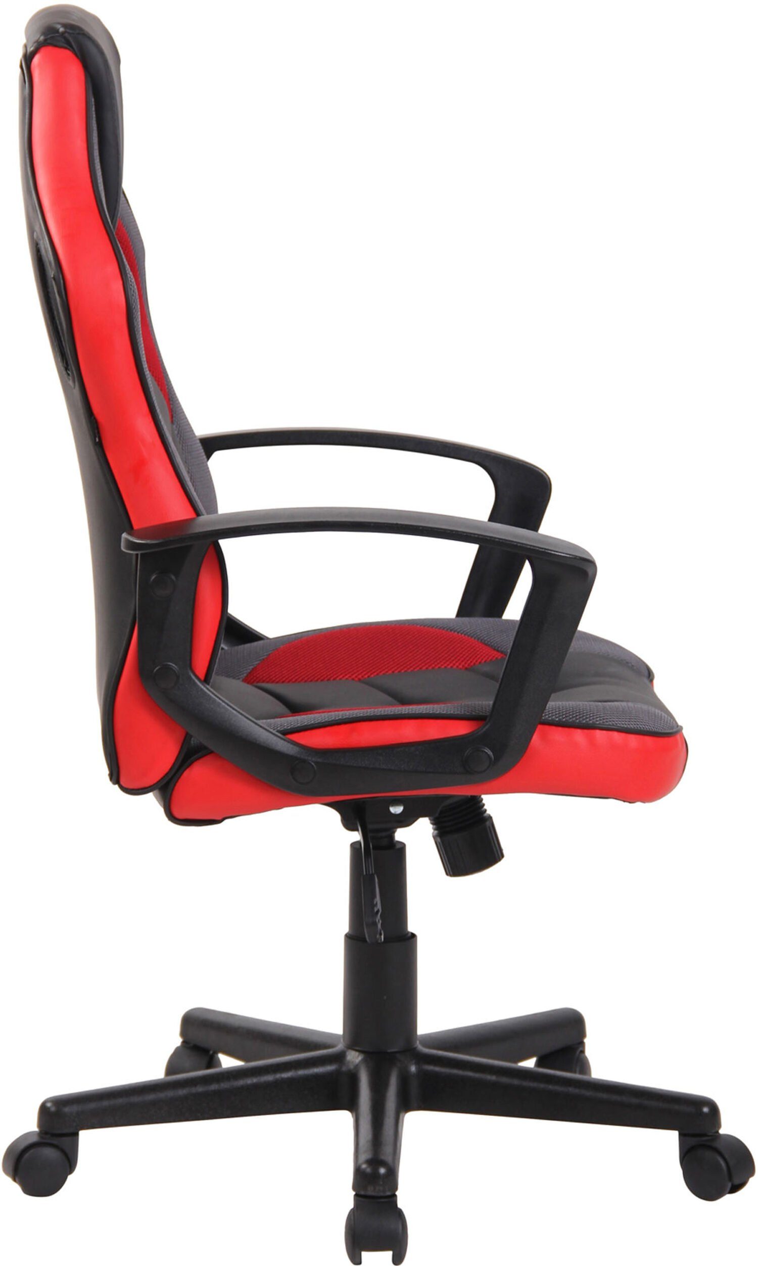 TPFLiving Gaming-Stuhl Glan mit bequemer Rückenlehne - höhenverstellbar und 360° drehbar (Schreibtischstuhl, Drehstuhl, Chefsessel, Konferenzstuhl), Gestell: Kunststoff schwarz - Sitz: Kunstleder, Netzbezug schwarz/rot