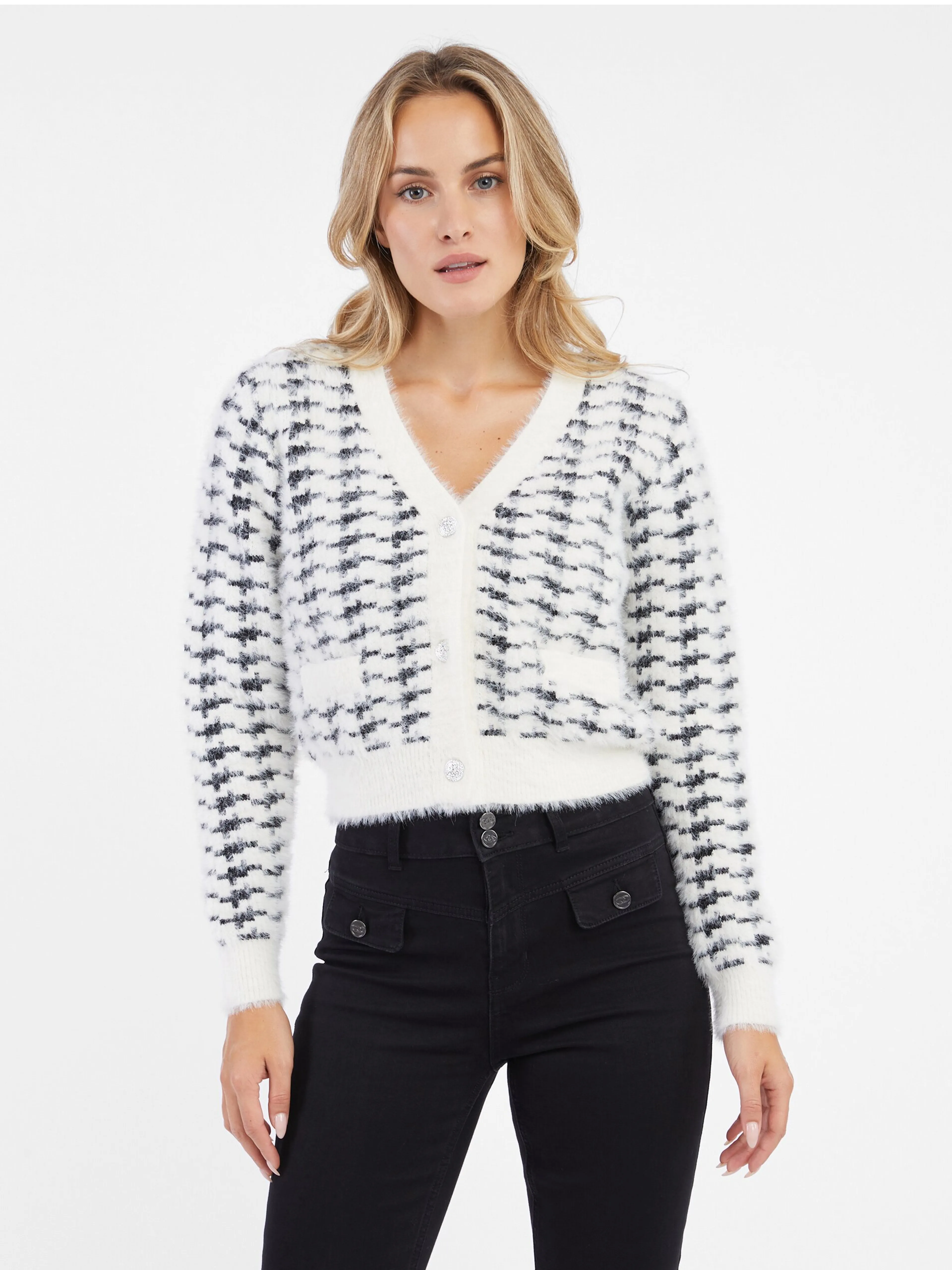Schwarz-weiß gemusterte Damen-Strickjacke ORSAY