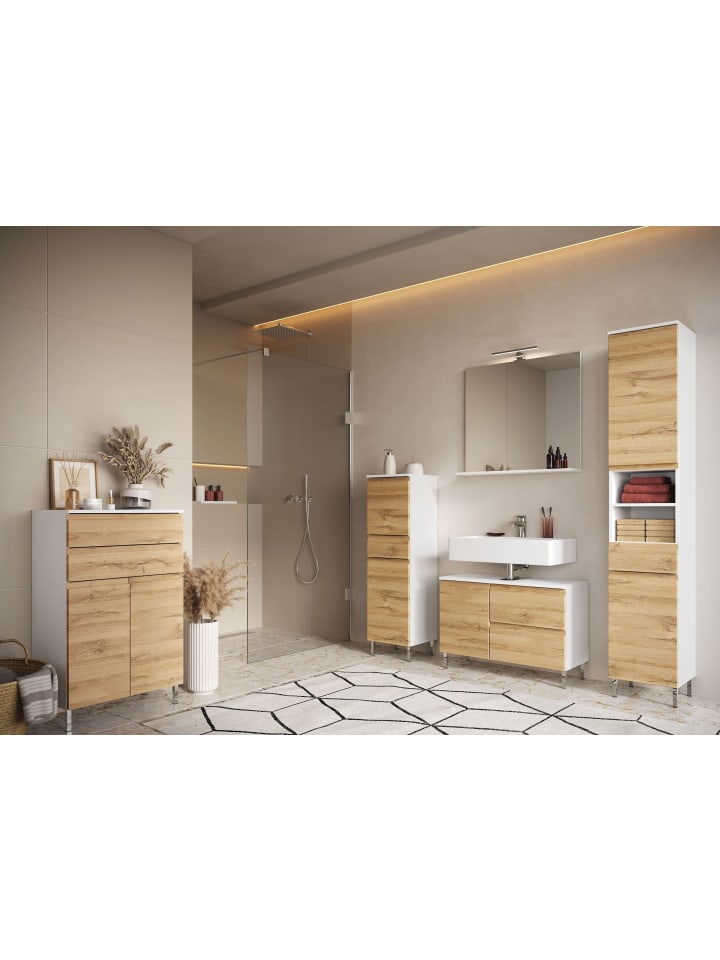 KADIMA DESIGN Kommode mit Schubladen, 60x34x97 cm, Badezimmerschrank, Weiß/Braun günstig kaufen onesize