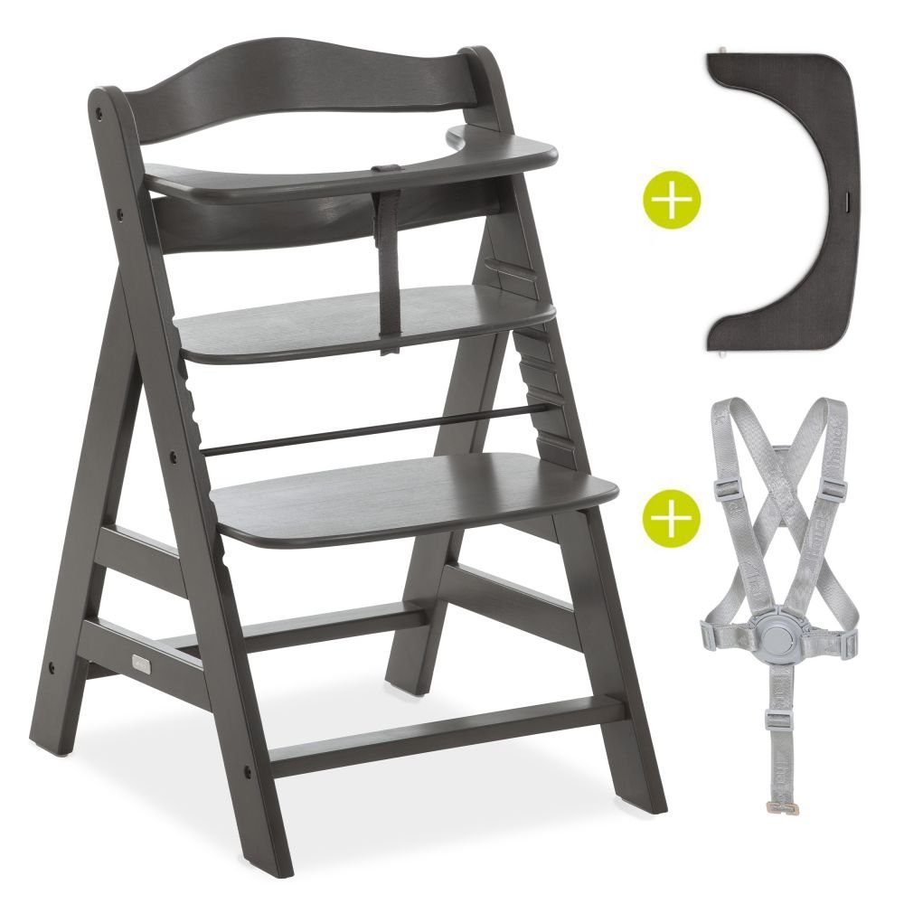 Hauck Hochstuhl Alpha Plus Select - Charcoal / Dunkelgrau, Mitwachsender Holz Kinderhochstuhl verstellbar mit Schutzbügel & Gurt