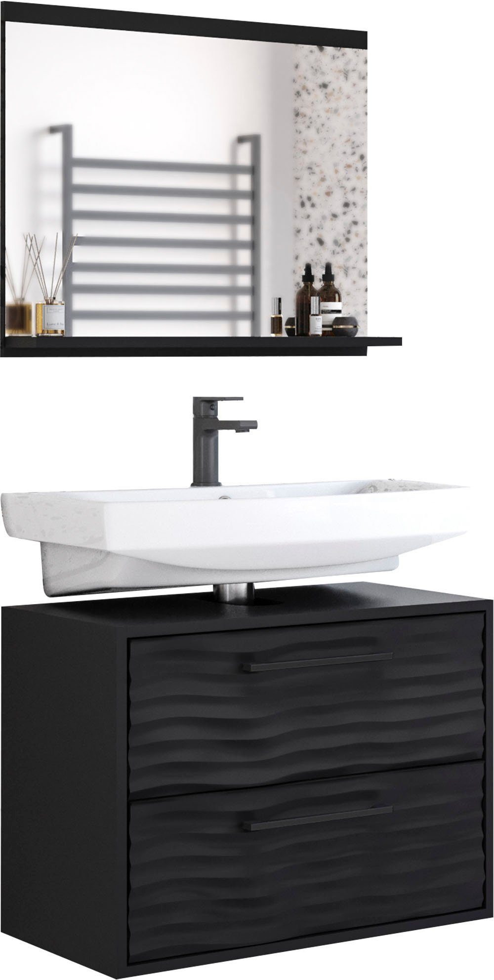 welltime Badmöbel-Set Canada, (Komplett-Set, 2-St., Fronten mit Wellenstruktur), Badmöbel mit Soft-Close-Funktion, Waschbeckenunterschrank und Spiegel