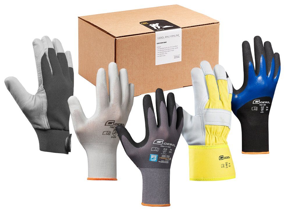 Gebol Arbeitshandschuh-Set GOO Bau 8 Paar Arbeitshandschuhe und 1 Schutzbrille