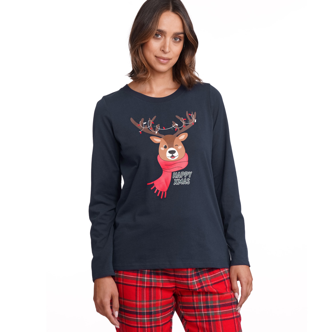 Damen Weihnachtsschlafanzug im Set dunkelblau / rot
