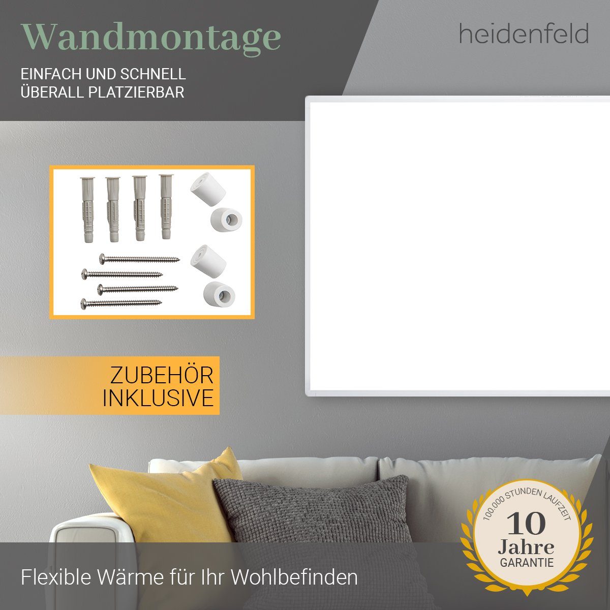 Heidenfeld Infrarotheizung 300 - 1200 Watt Infrarotheizung HF-HP100-1, 10 Jahre Garantie, Infrarot Wandheizung Elektroheizung Heizung Heizkörper mit Stecker