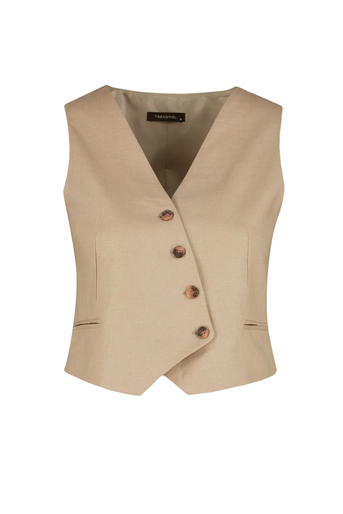Trendyol Collection  Beige taillierte Weste mit Knöpfen und detailliertem, bauchfreiem, gewebtem Leinen-Look TWOSS23YE00016