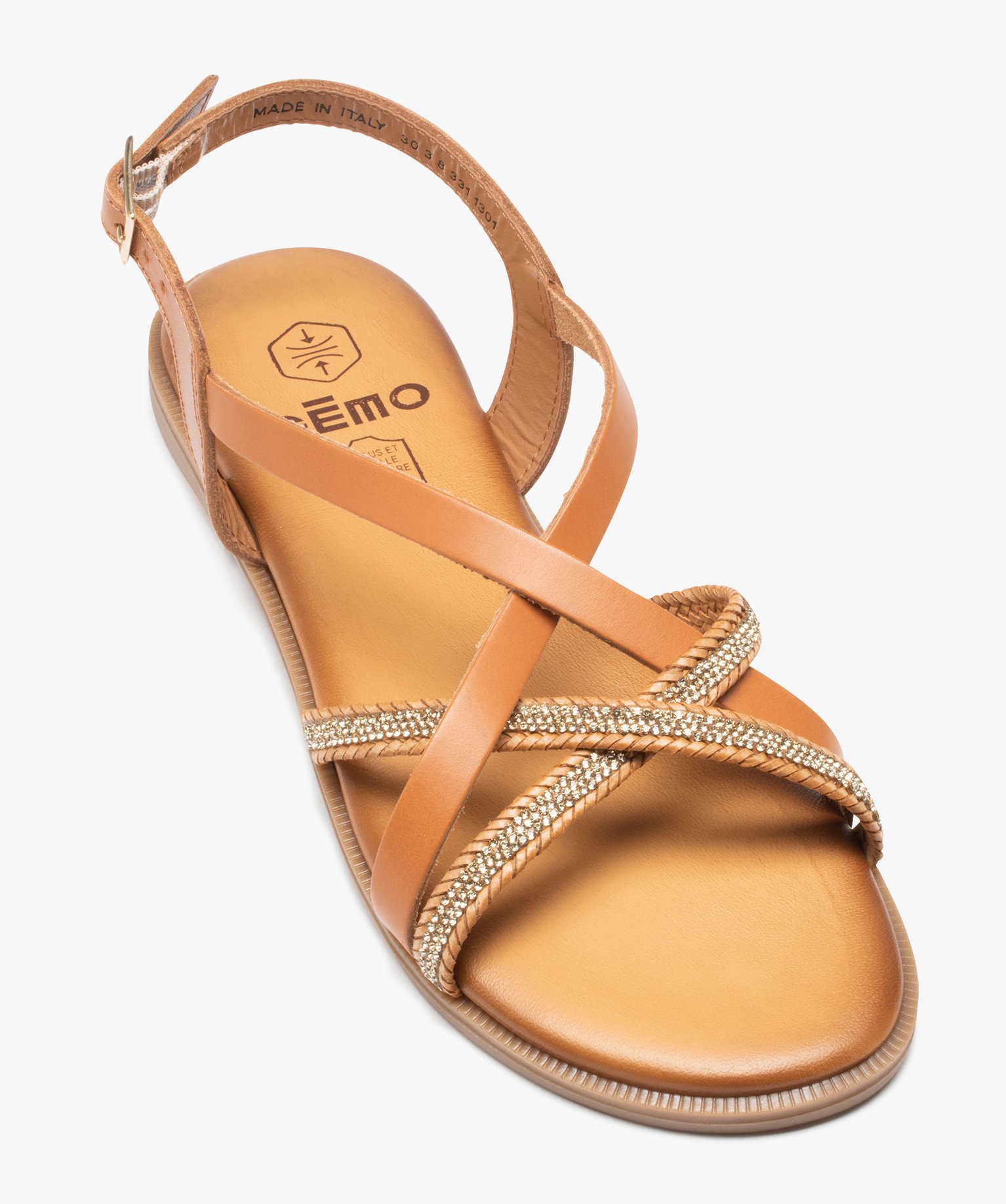 Sandales femme unies en cuir et à strass camel | GEMO