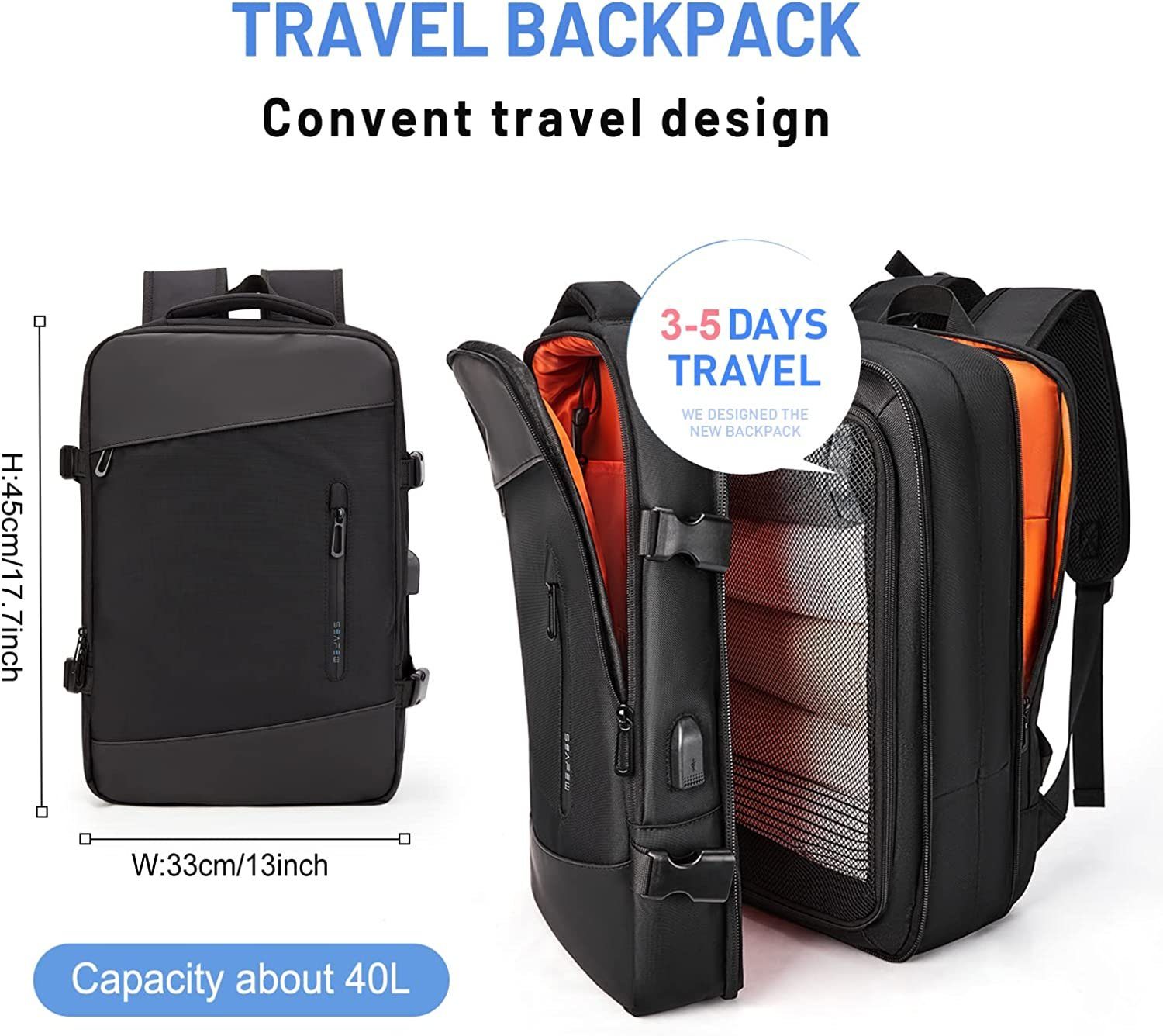 Directin Reiserucksack Reiserucksack, Lässiger Tagesrucksack Schultasche, Laptop Rucksack (26-40L, Für Laptop bis 15,6,16,17 Zoll, mit USB-Lade-Anschluss), mit 2 Laptopfach (passend für ein 15,6