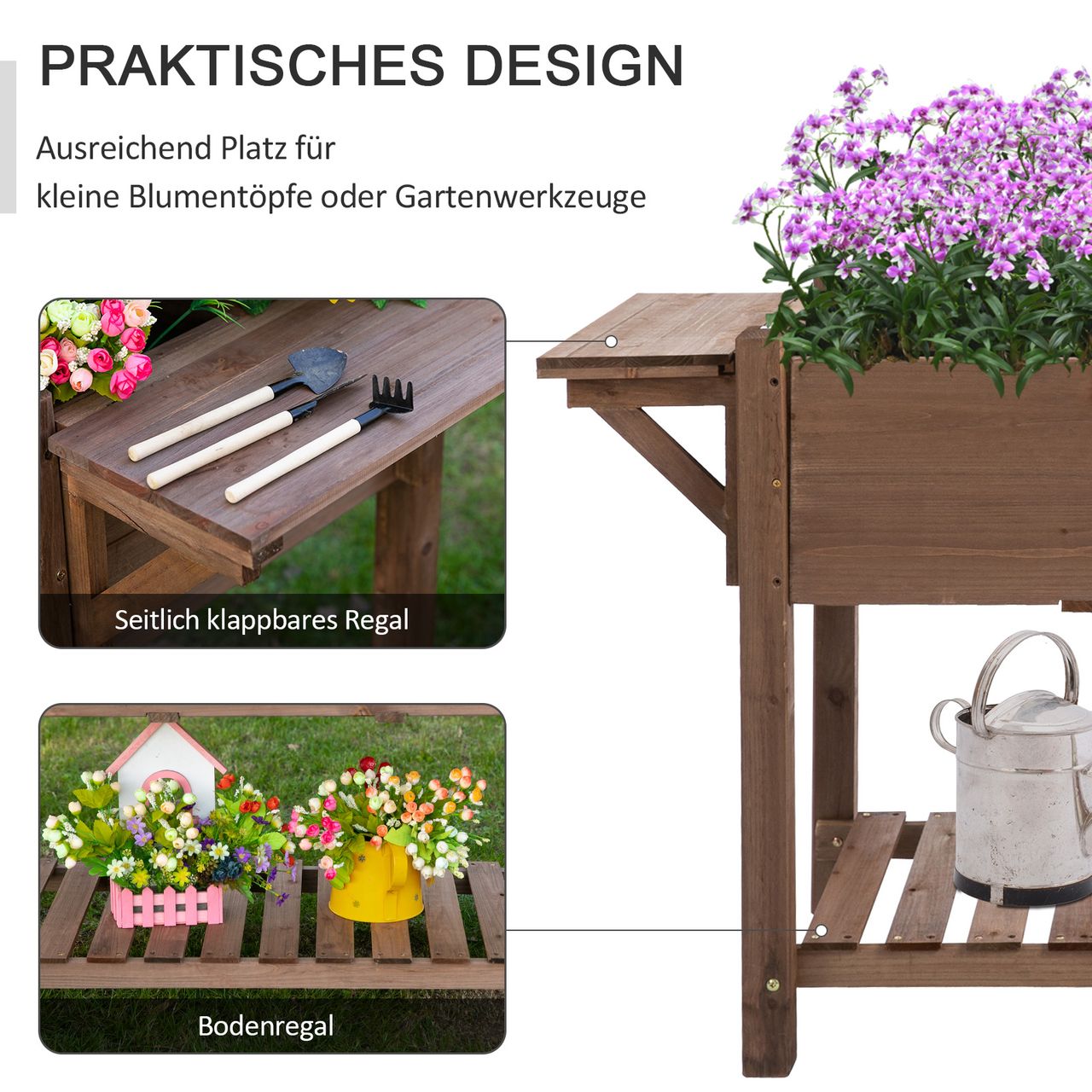 Outsunny Hochbeet Pflanzkasten mit 8 geteilten Gittern faltbare Ablage Blumenkasten Blumentopf Kräuterbeet Massivholz Braun 123 x 54 x 74 cm