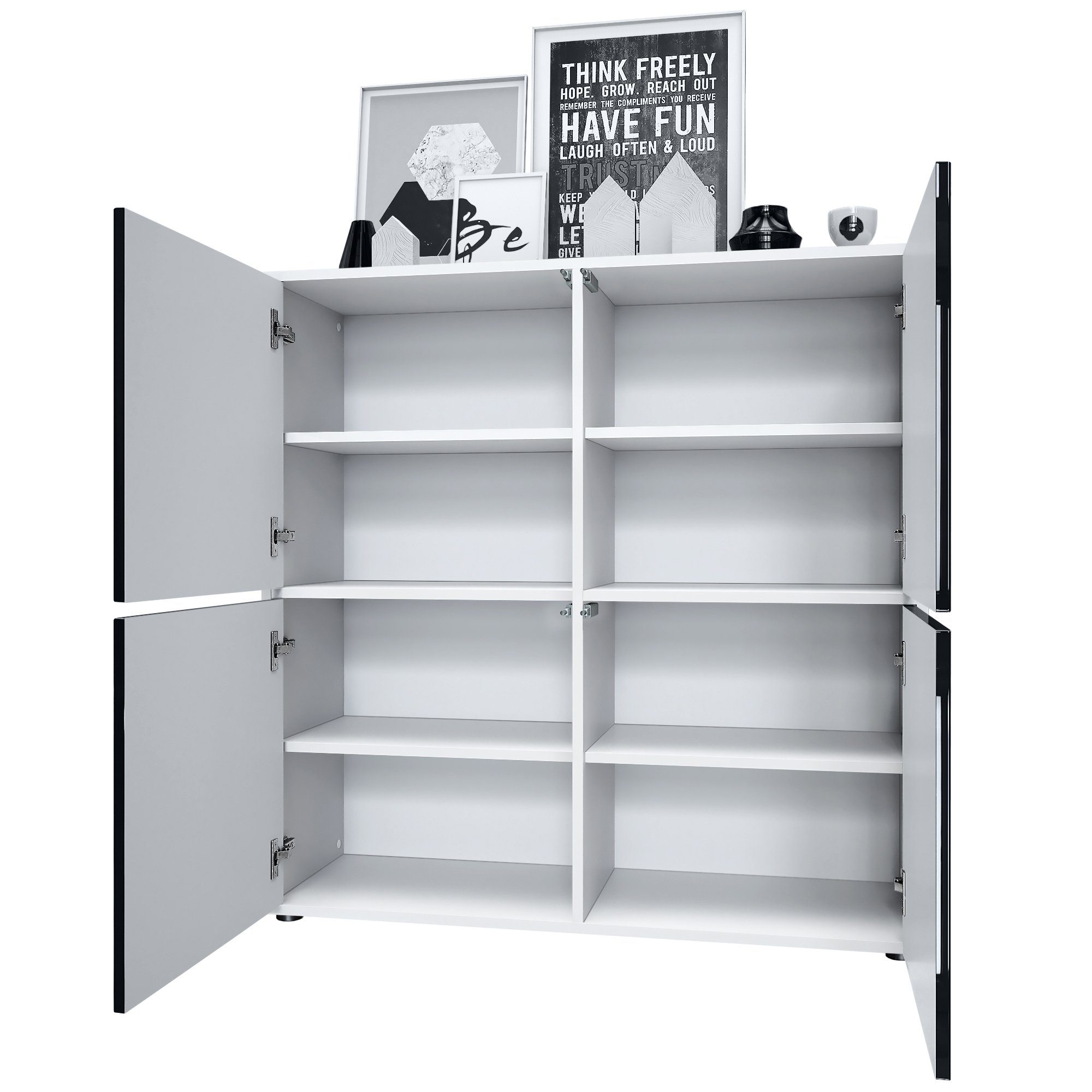 Vladon Highboard Cuba (Schrank, 104 x 105,5 x 35,5 cm Sideboard mit 8 Fächern), Korpus in Weiß matt / Fronten in Weiß Hochglanz