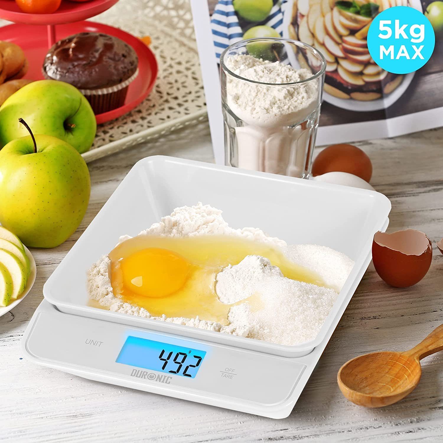 Duronic Küchenwaage, KS100 WH Küchenwaage, 5 kg Digitalwaage mit 1,2 L Schüssel