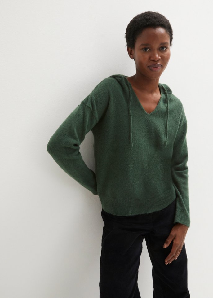 Strick-Pullover mit V-Ausschnitt und Kapuze