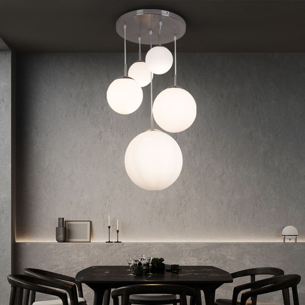 Globo Kugelleuchte, Leuchtmittel nicht inklusive, Hängeleuchte Wohnzimmerlampe 5-flammig Glas Schirm Kugel silber H 90cm
