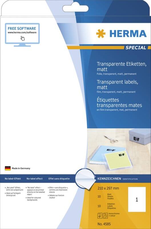 HERMA Transparente Filmetiketten 4585 Rechteckig DIN A4 210 x 297 mm 10 Blatt à 1 Etikett