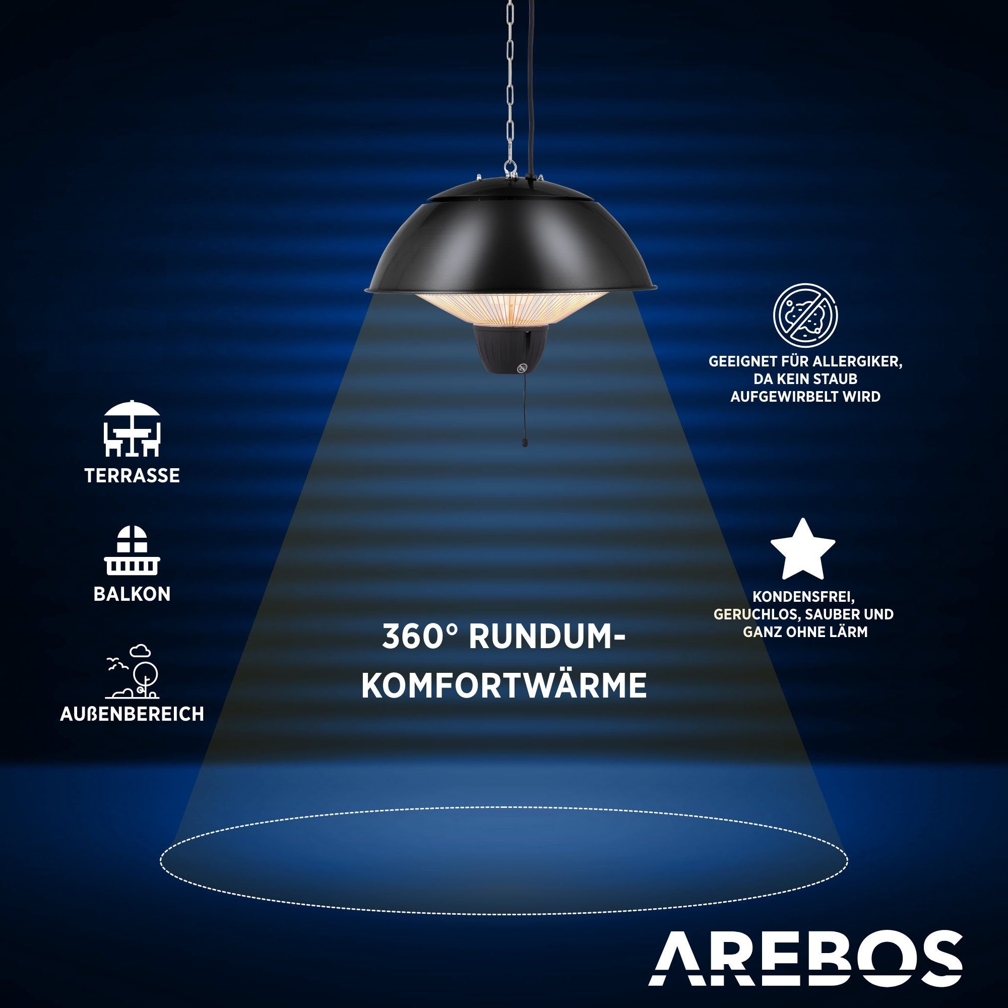 Arebos Heizstrahler Infrarot Deckenheizstrahler 1500 W, mit Zugschalter, Sofortwärme für einen Bereich von ca. 9 m²