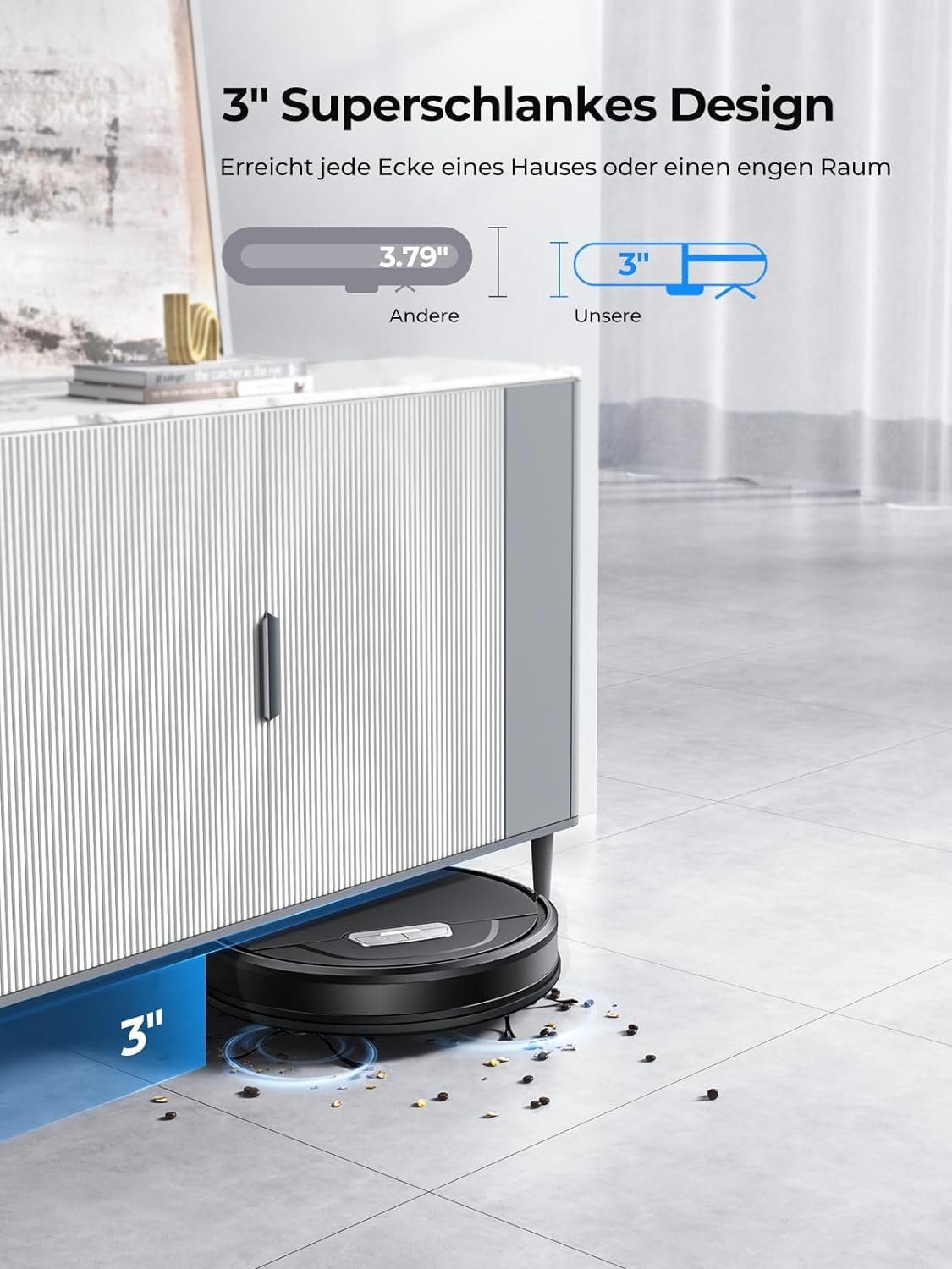Laresar Saugroboter EVOL 3S, Saugroboter mit Wischfunktion 4500Pa Schwarz Roboter Staubsauger Super-dünn Saugroboter App/Remote/Sprachsteuerung ideal für Hartböden, Tierhaare, Teppiche