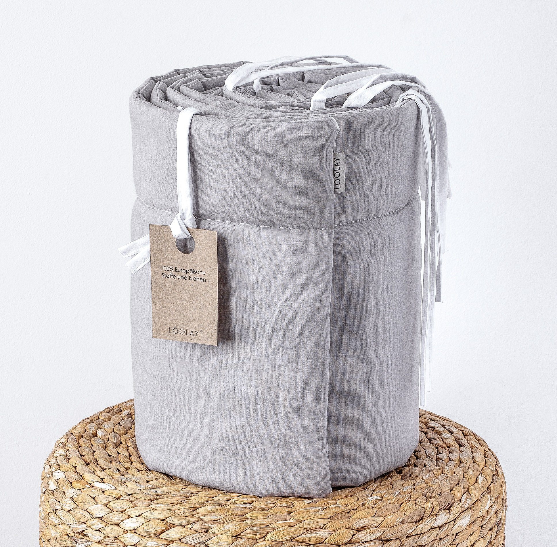 Loolay Bettnestchen GRAU BIO-Baumwolle Atmungsaktives Babybett BETTUMRANDUNG, (420, 360, 210, 180 x 30cm, LUX Babyausstatung Umrandung Kopfschutz Kantenschutz Bettschlange), LOOLAY® - 100% Europäische Stoffe und Kleinserien-Nähen!, Handmade!
