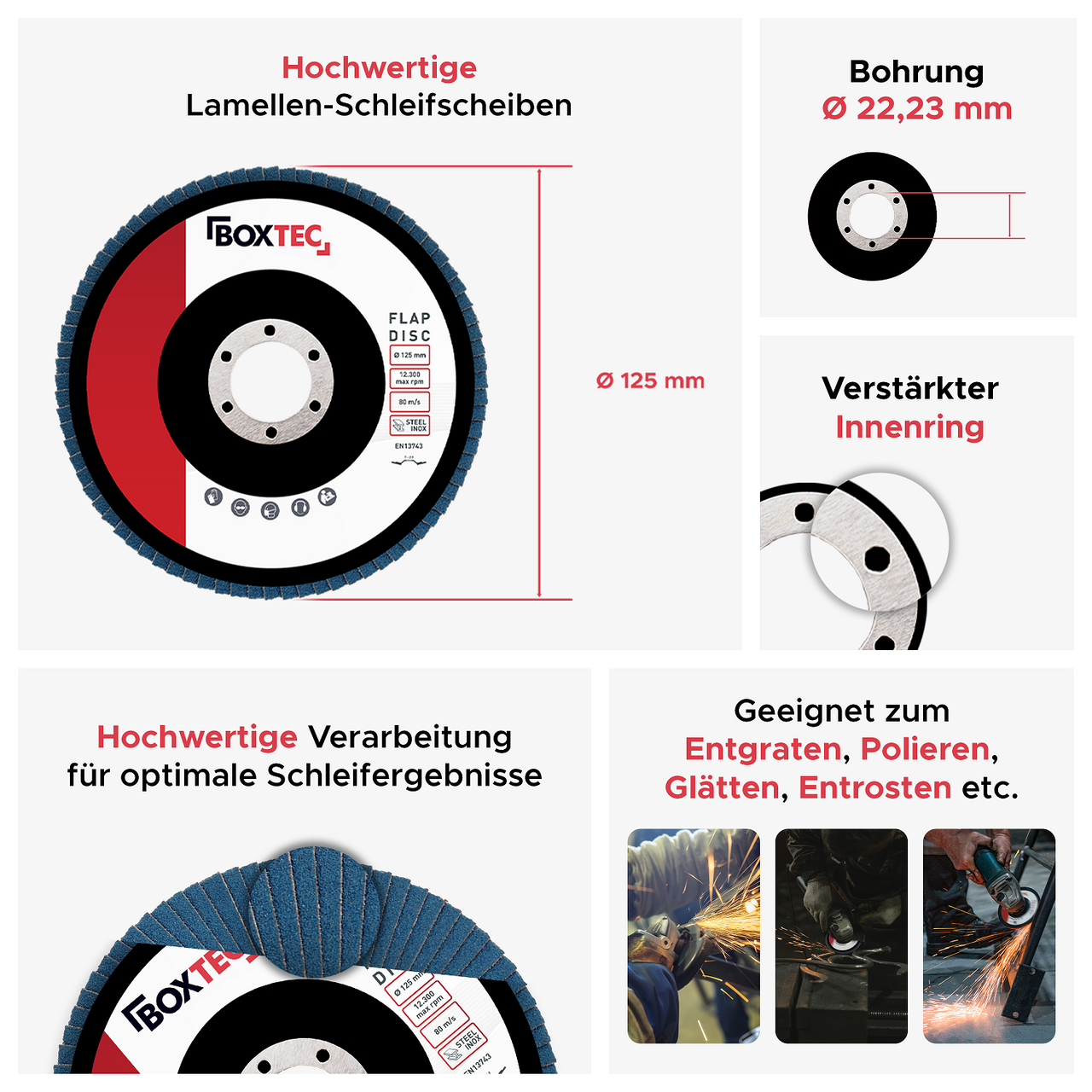 BOXTEC Profi-Fächerscheiben BLAU 125mm INOX Lamellenscheiben Schleifscheiben 20er Pack MIX-Set