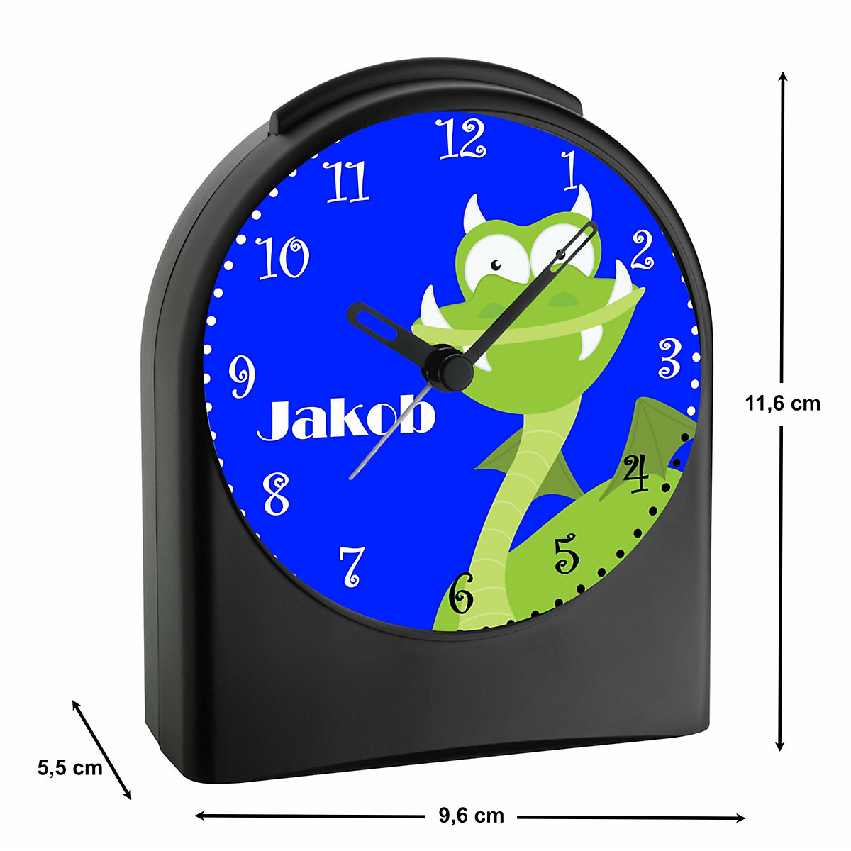 Kinder Funkwecker personalisiert mit Namen Drache grün Atom-/Funkuhr, 12-Stunden-Anzeigeformat, Schlummerfunktion, Nachtlicht, Geräuschlos/Ohne Ticken
