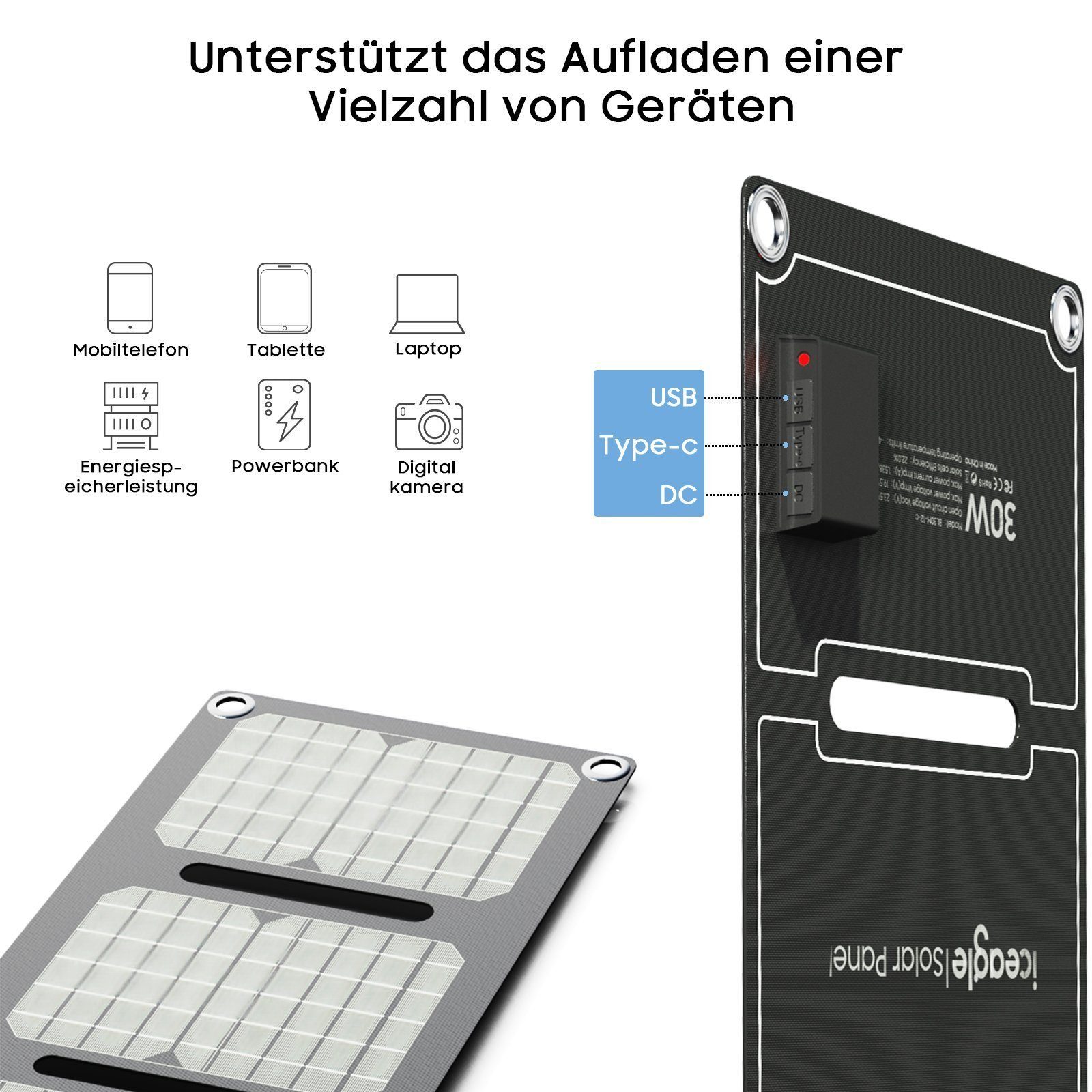 Aoucheni Solaranlage Solarladepanel PV tragbar faltbar mobiler Stromladecomputer, 30,00 W, (Kälte- und hitzebeständig, Tragbar und leicht zu transportieren), Unbesorgt reisen und aufladen