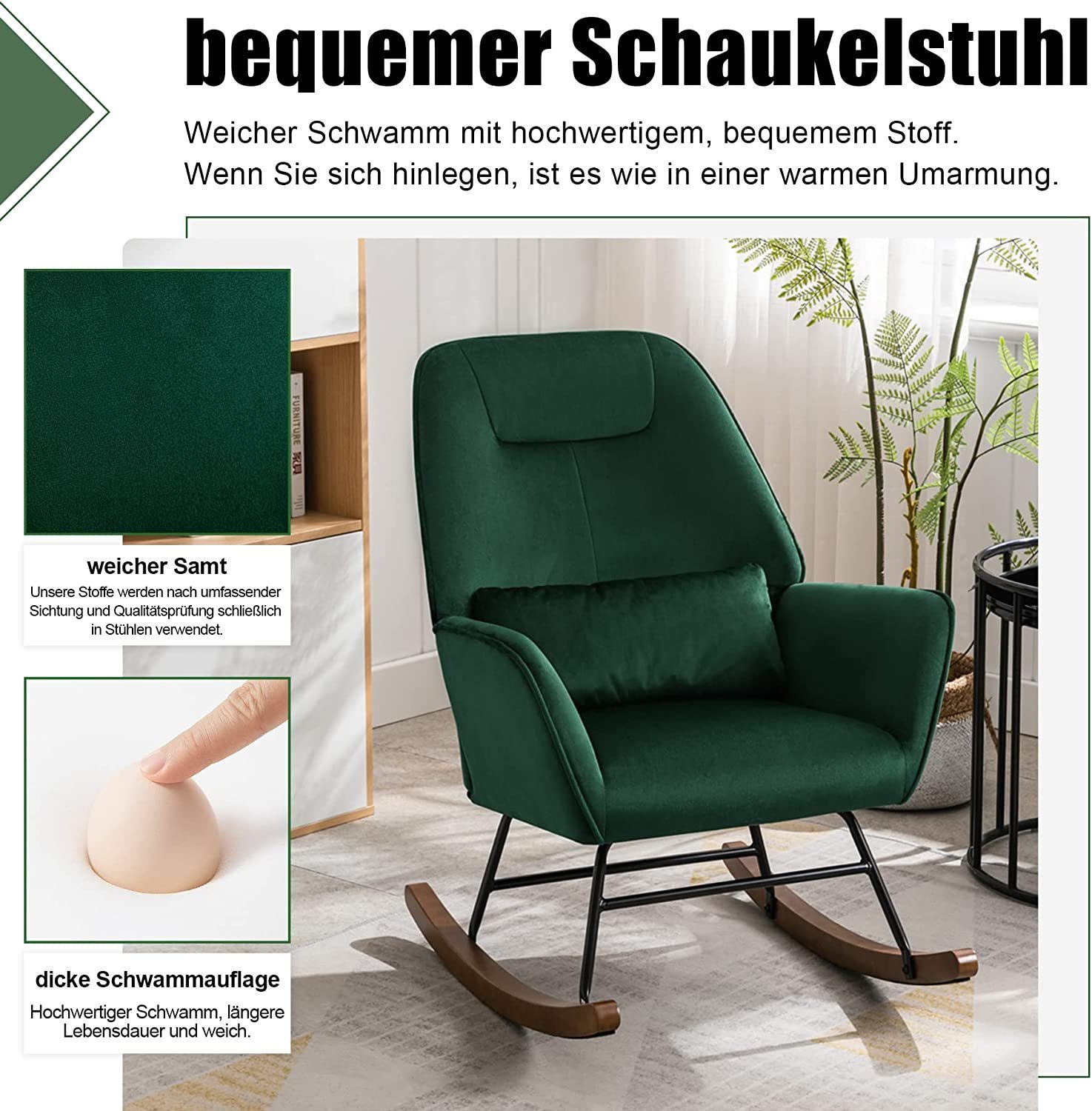 HomeMiYN Schaukelstuhl Schaukelstuhl Samt Schaukelsessel Mit Lendenkissen Holzsockel Sessel, Schaukelstuhl, das Baby zum Schlafen bringen