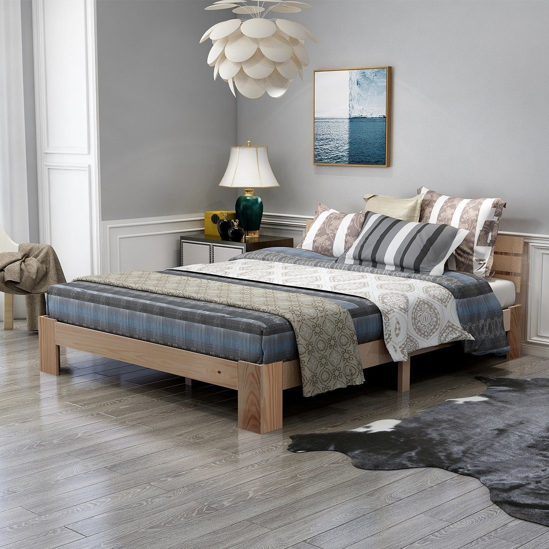 OKWISH Holzbett Doppelbett (mit Kopfteil aus Bettgestell mit Lattenrost, Massivholz FSC Massiv Doppelbett als Kieferbett verwendbar), 140x200 cm