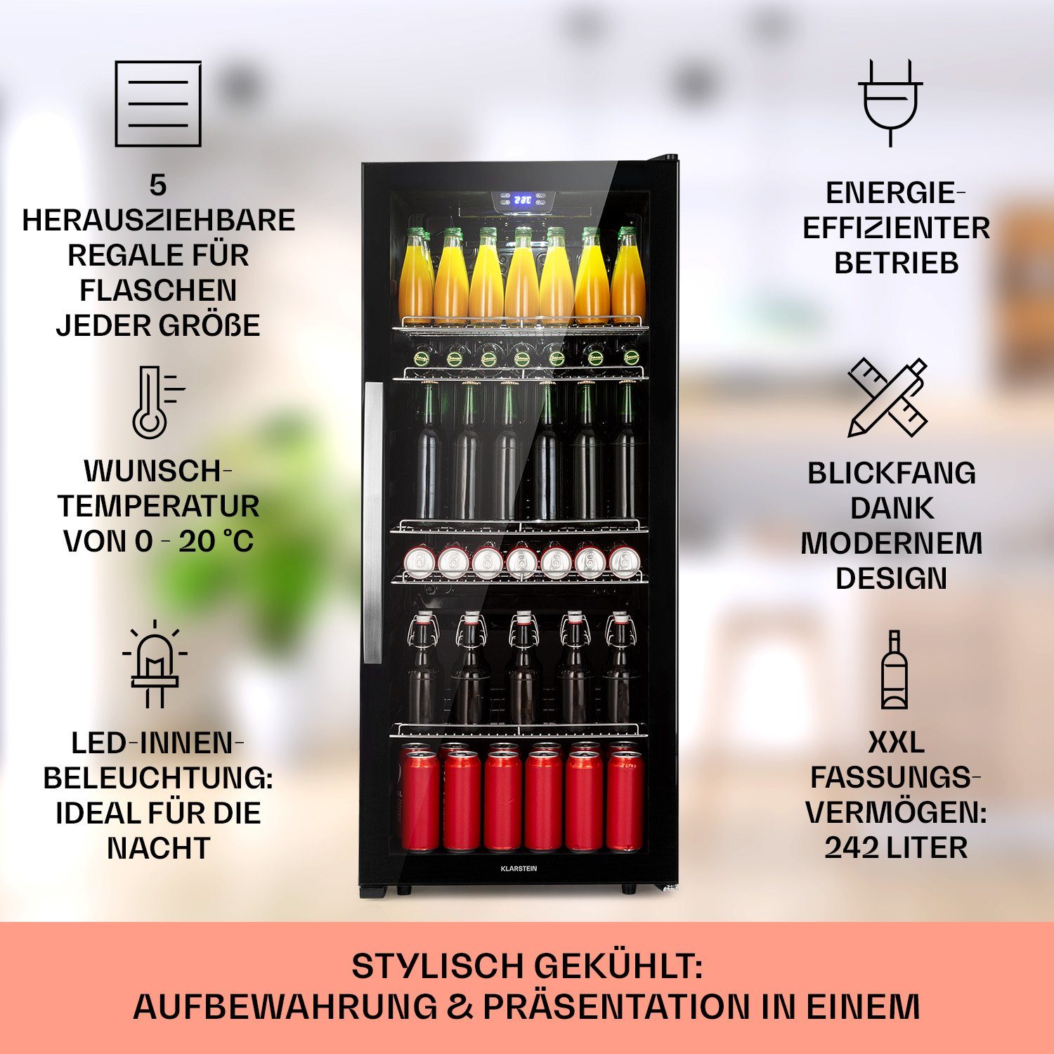 Klarstein Getränkekühlschrank HEA8-Beersafe7XL-OX 10039513, 126.5 cm hoch, 55 cm breit, Bierkühlschrank Getränkekühlschrank Flaschenkühlschrank mit Glastür