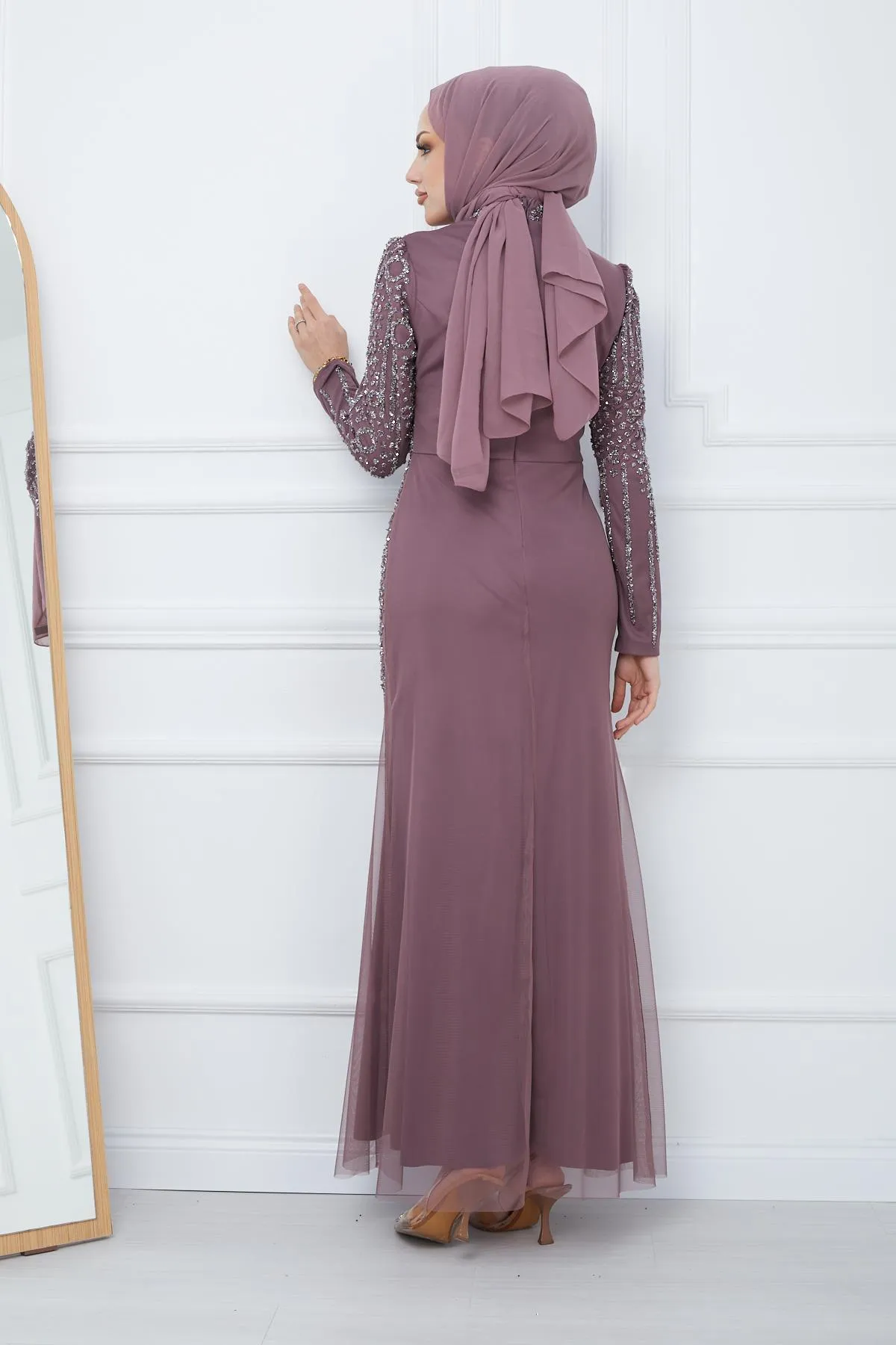 Olcay  Perlen- und juwelenbesetztes Hijab-Abendkleid aus Tüll DRY ROSE 1663