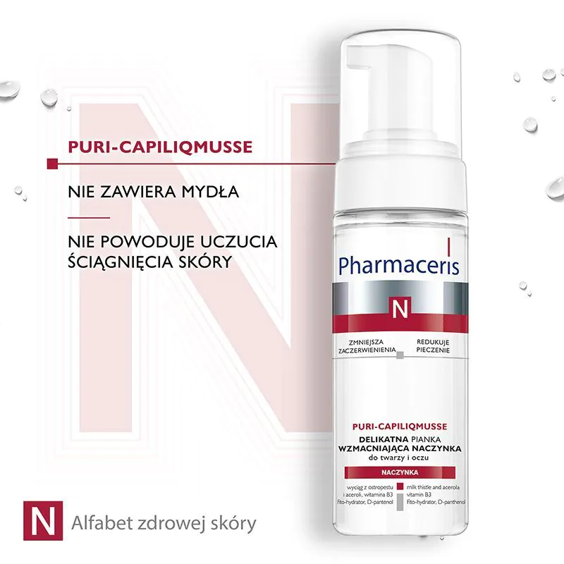 „Pharmaceris N Puri-Capilium“ švelnios veido ir paakių valomosios putos, stiprinančios kapiliarus.