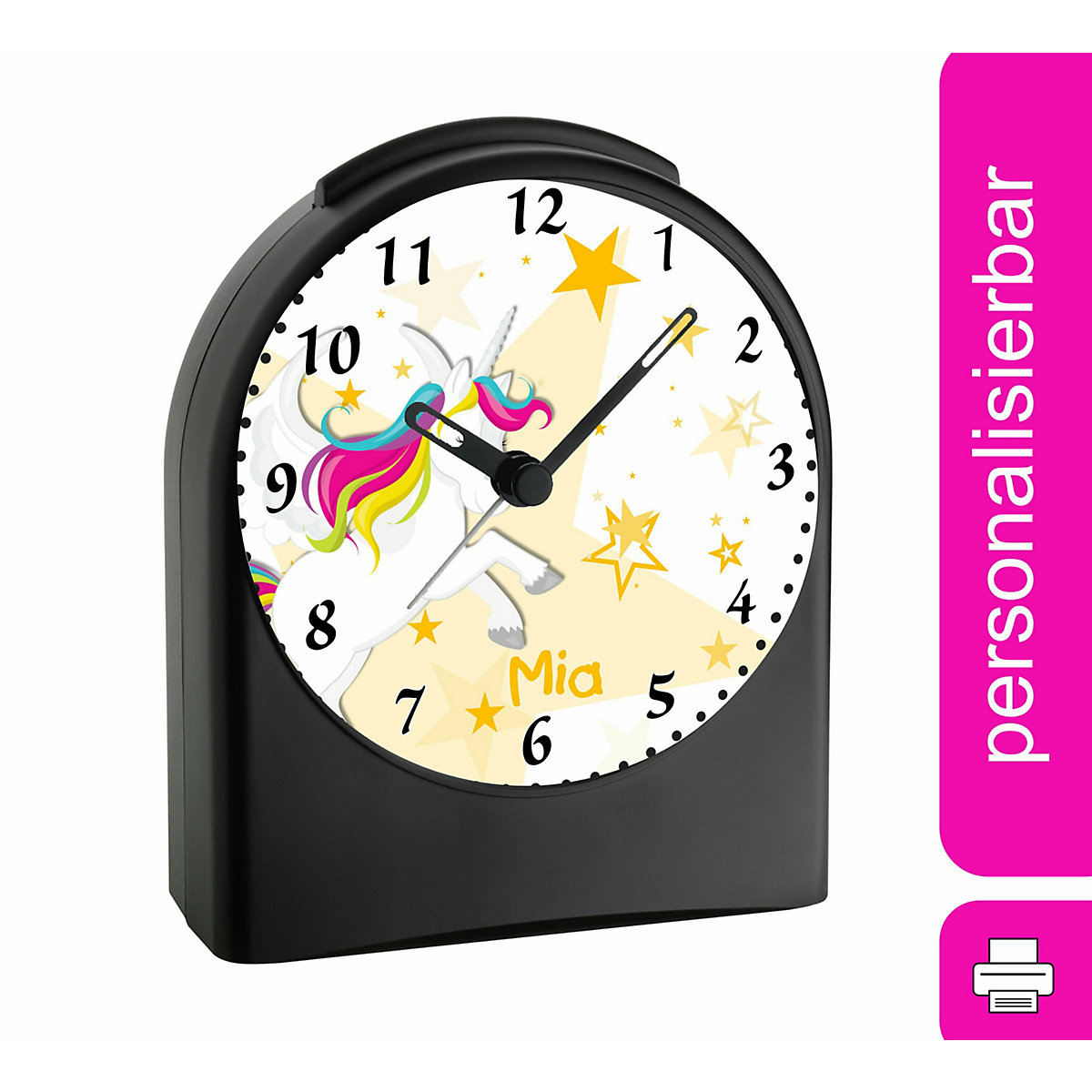 Kinder Funkwecker personalisiert mit Namen Einhorn Atom-/Funkuhr, 12-Stunden-Anzeigeformat, Schlummerfunktion, Nachtlicht, Geräuschlos/Ohne Ticken
