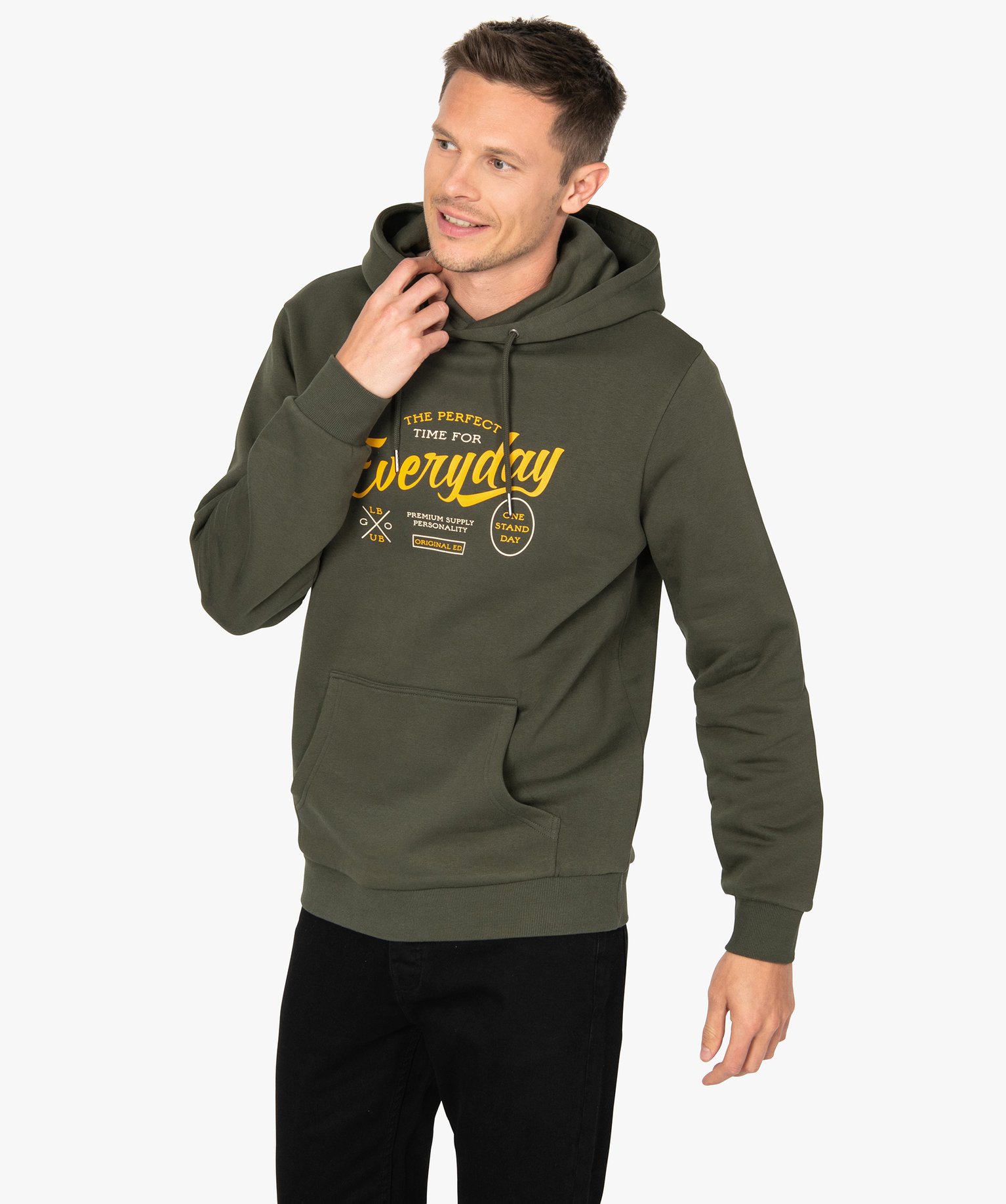 Sweat homme à capuche imprimé et molletonné kaki | GEMO