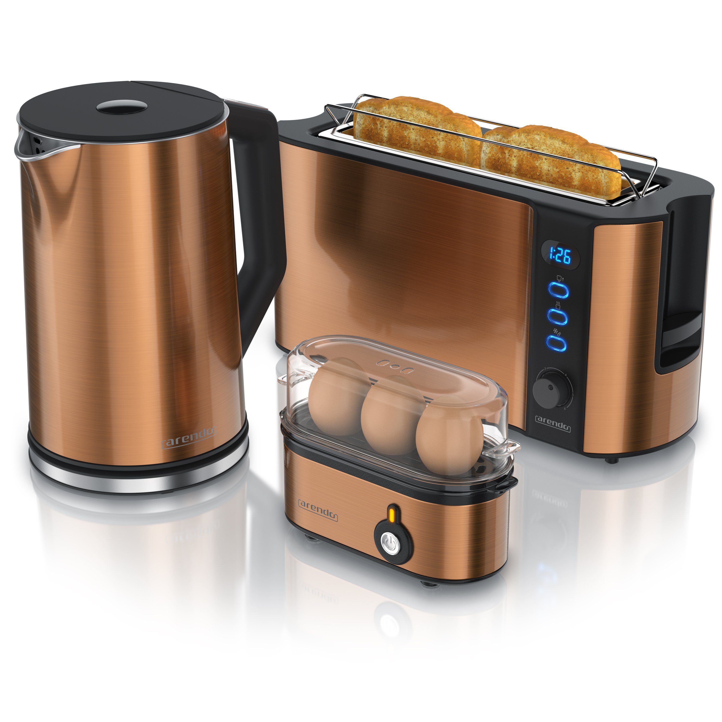 Arendo Frühstücks-Set (3-tlg), Wasserkocher 1,5l, 2-Scheiben Toaster, 3er Eierkocher, Kupfer