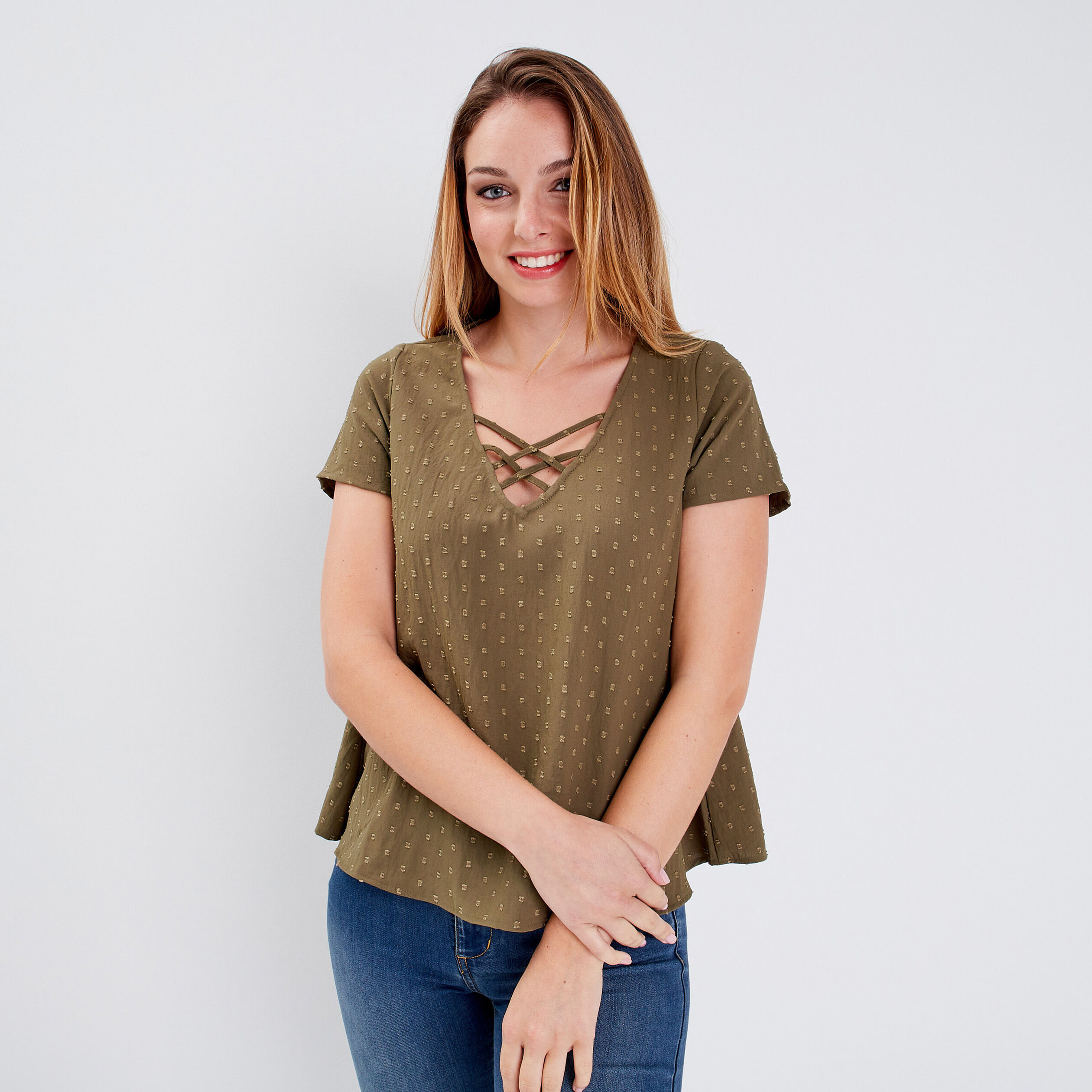 Blouse manches courtes vert kaki femme | Cache Cache